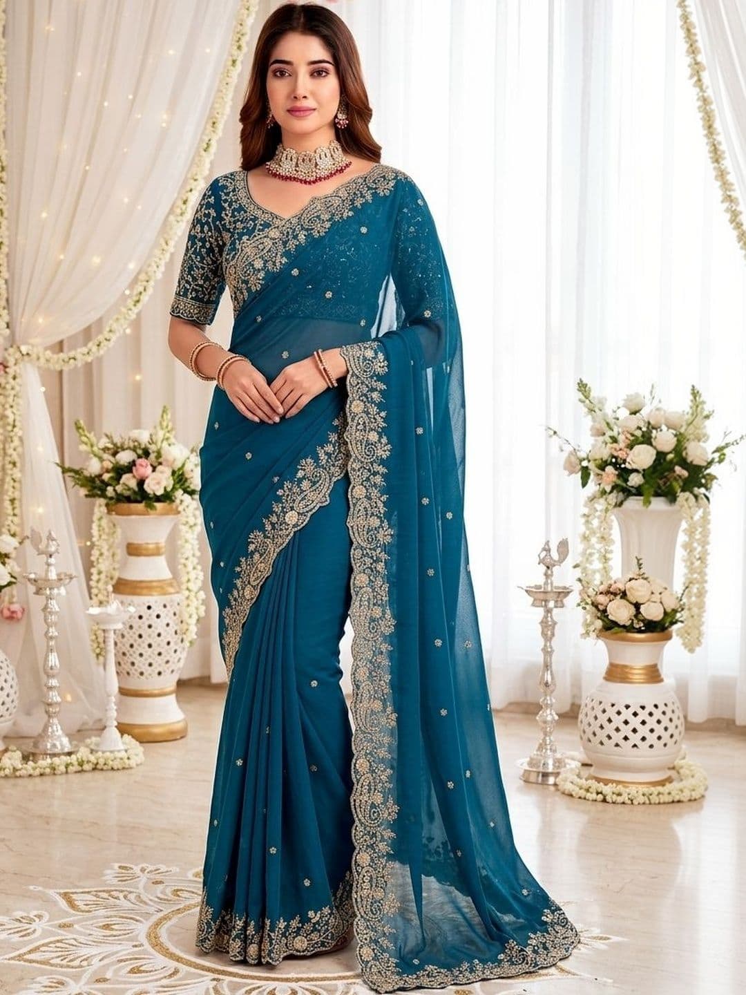 Mitera Embellished Embroidered Poly Georgette Heavy Work Saree - view 1