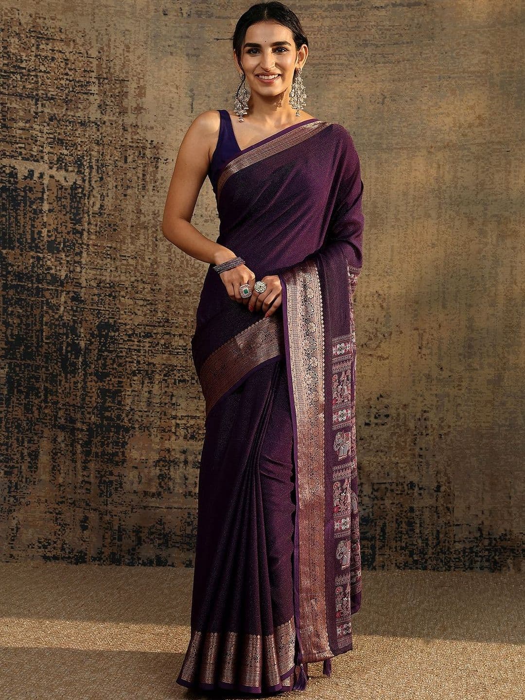 Libas Purple Solid Saree With Unstitched Blouse Piece - view 1