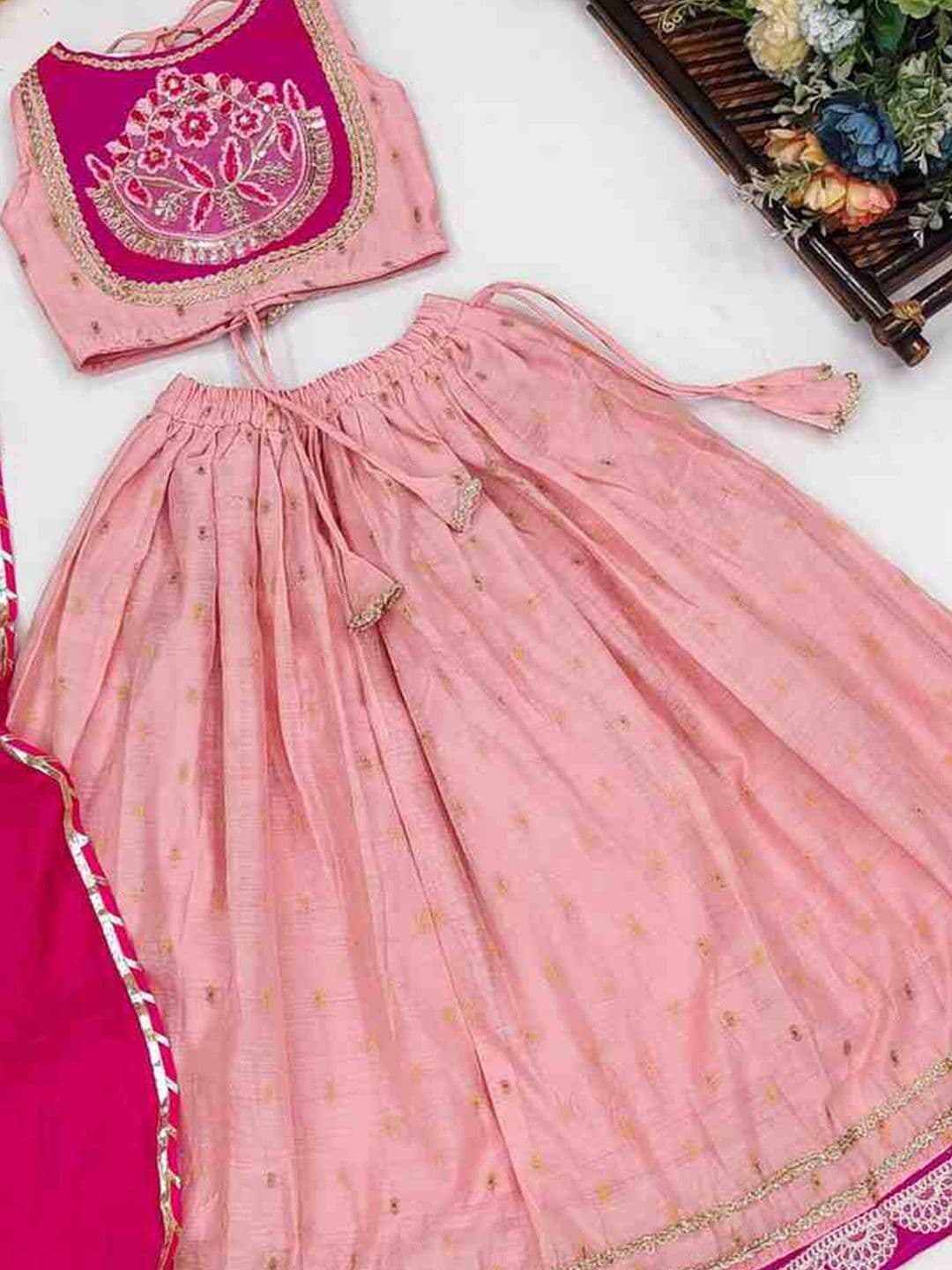 RJ ONLINE Girls Thread Work Tie and Dye Semi-Stitched Lehenga & Blouse With Dupatta thumbnail 2