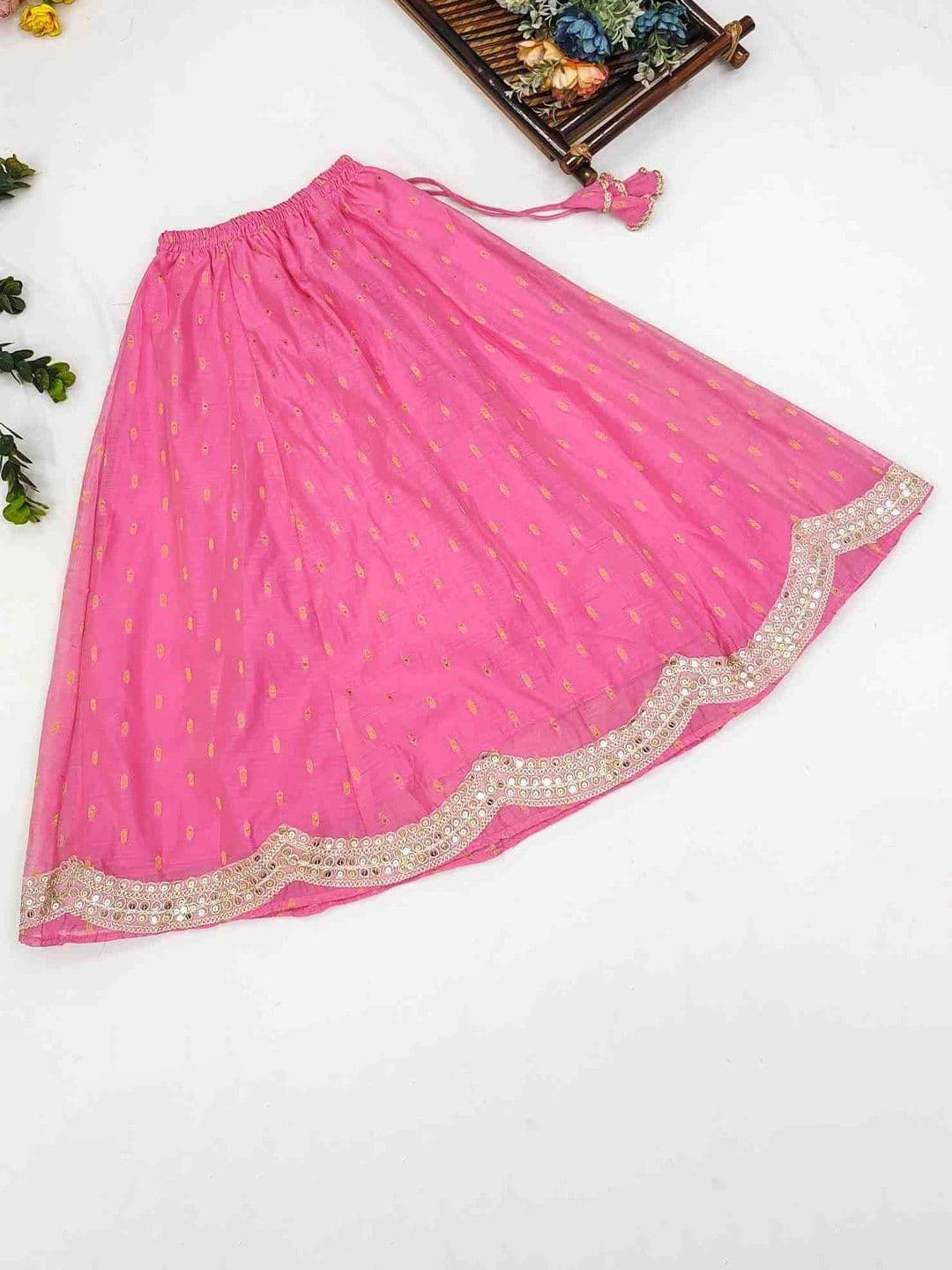 RJ ONLINE Girls Mirror Work Tie and Dye Semi-Stitched Lehenga & Blouse With Dupatta thumbnail 4