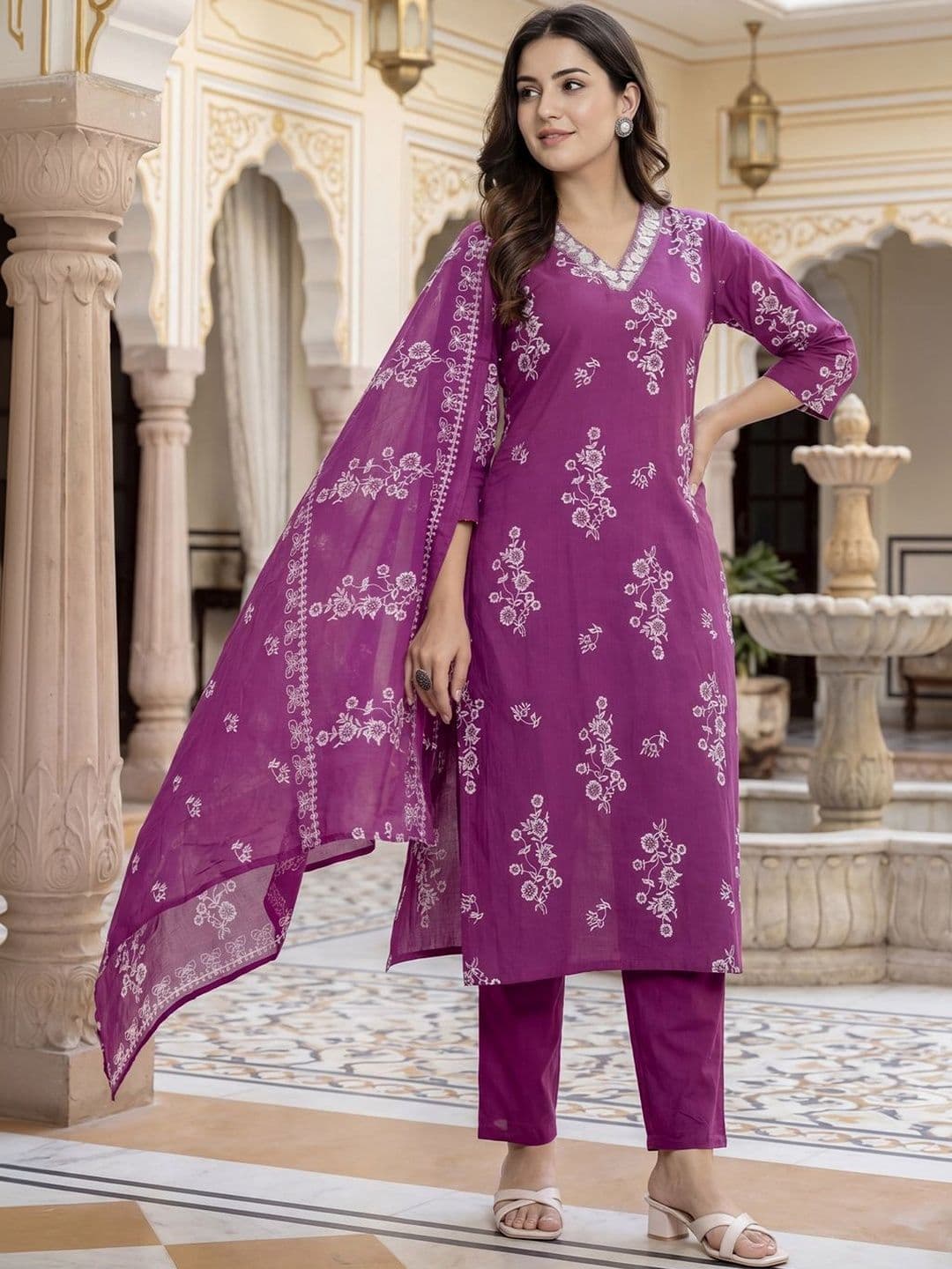 Indo Era Women Floral Printed Regular Sequinned Pure Cotton Kurta with Trousers & With Dupatta thumbnail 2