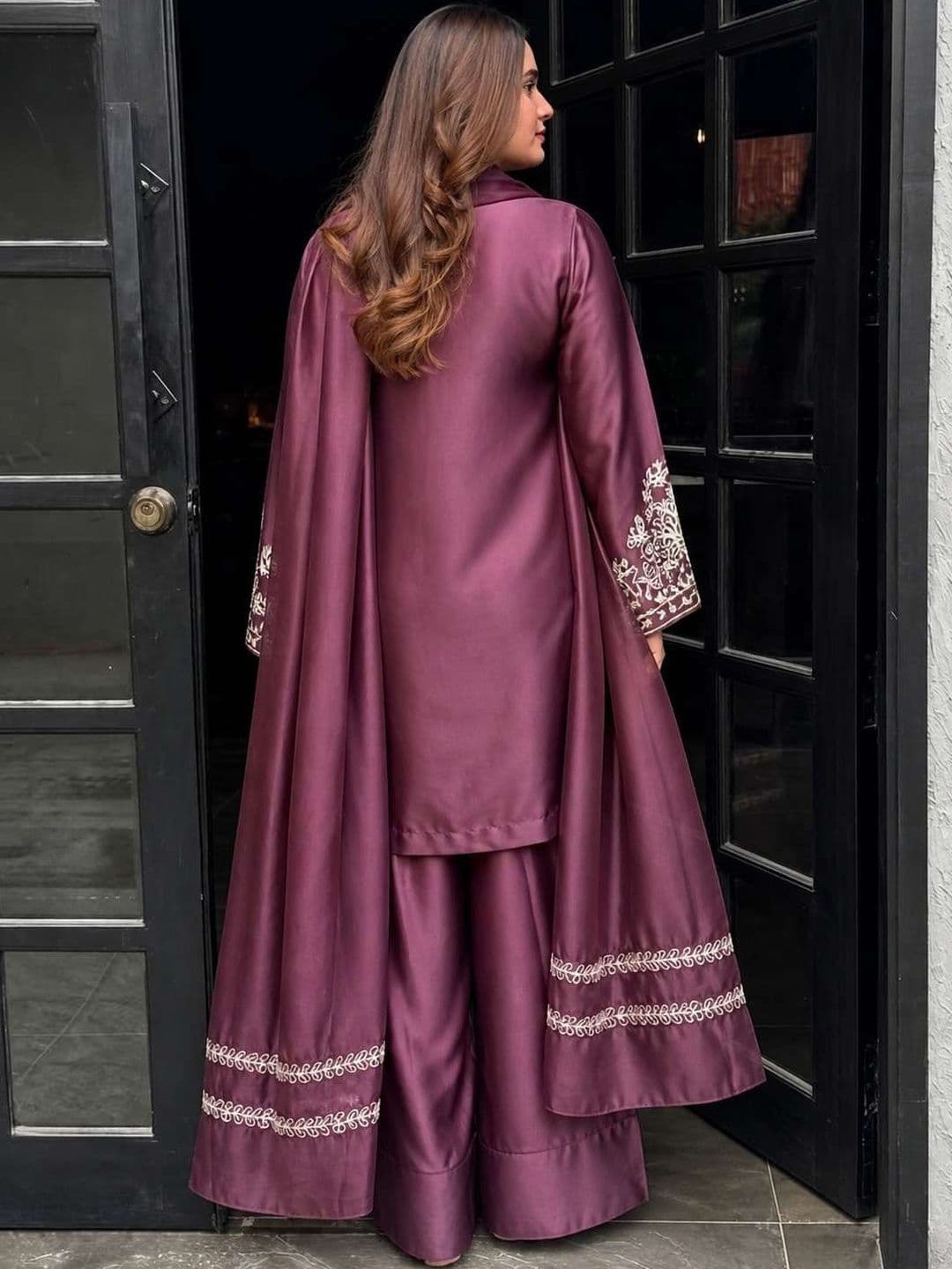 Sangria Embroidered Silk Crepe V-Neck Kurta & Palazzos With Dupatta thumbnail 4