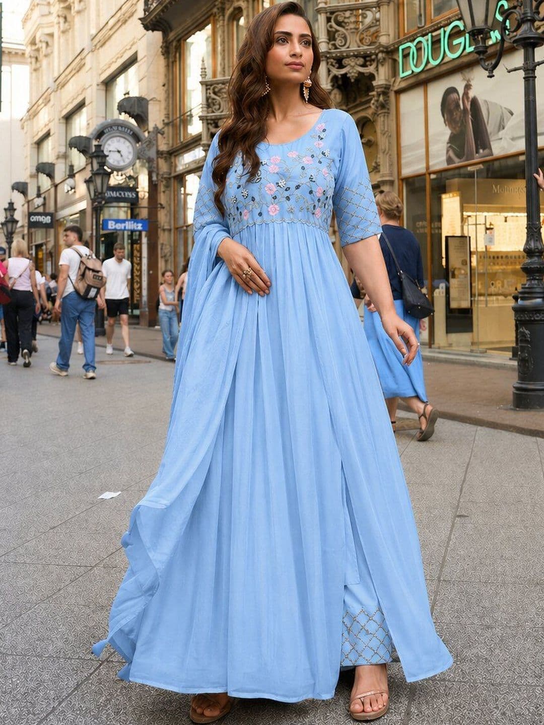 PRIMESKY Women Floral Embroidered Empire Thread Work Silk Georgette Kurta with Trousers & With Dupatta - view 1