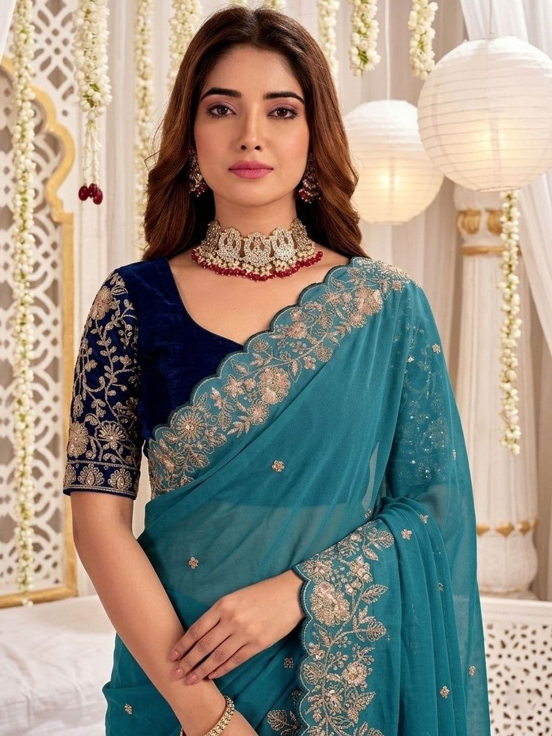 Mitera Ethnic Motifs Embroidered Poly Georgette Heavy Work Saree thumbnail 5