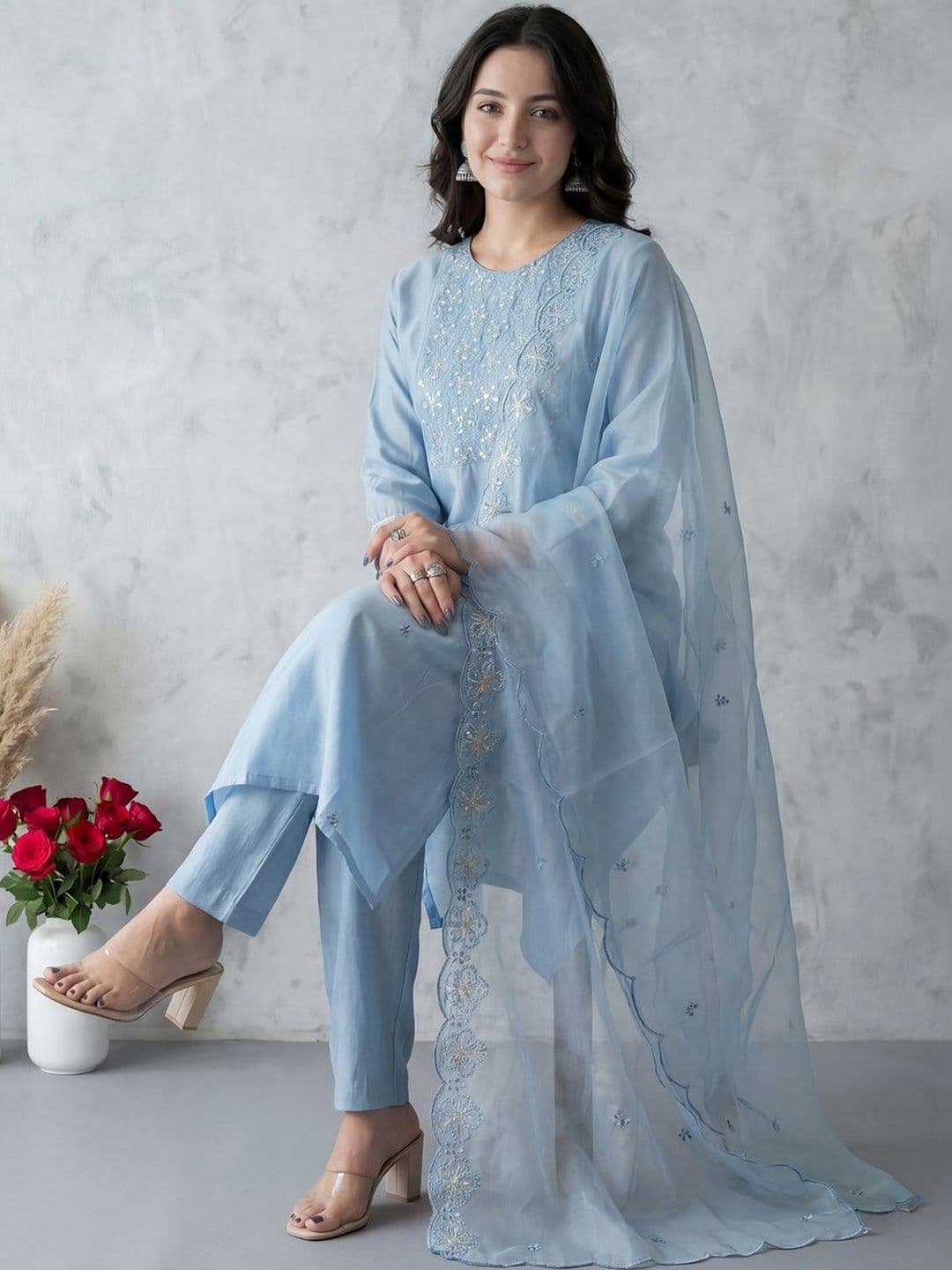 Indo Era Women Ethnic Motifs Embroidered Regular Thread Work Kurta with Trousers & With Dupatta - view 1
