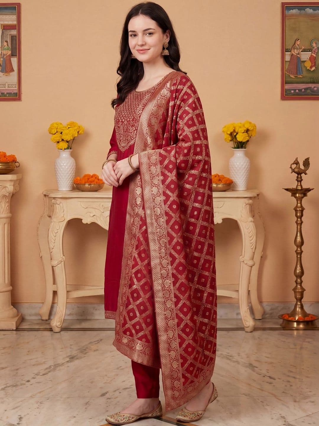 Indo Era Women Ethnic Motifs Embroidered Regular Thread Work Kurta with Trousers & With Dupatta thumbnail 4