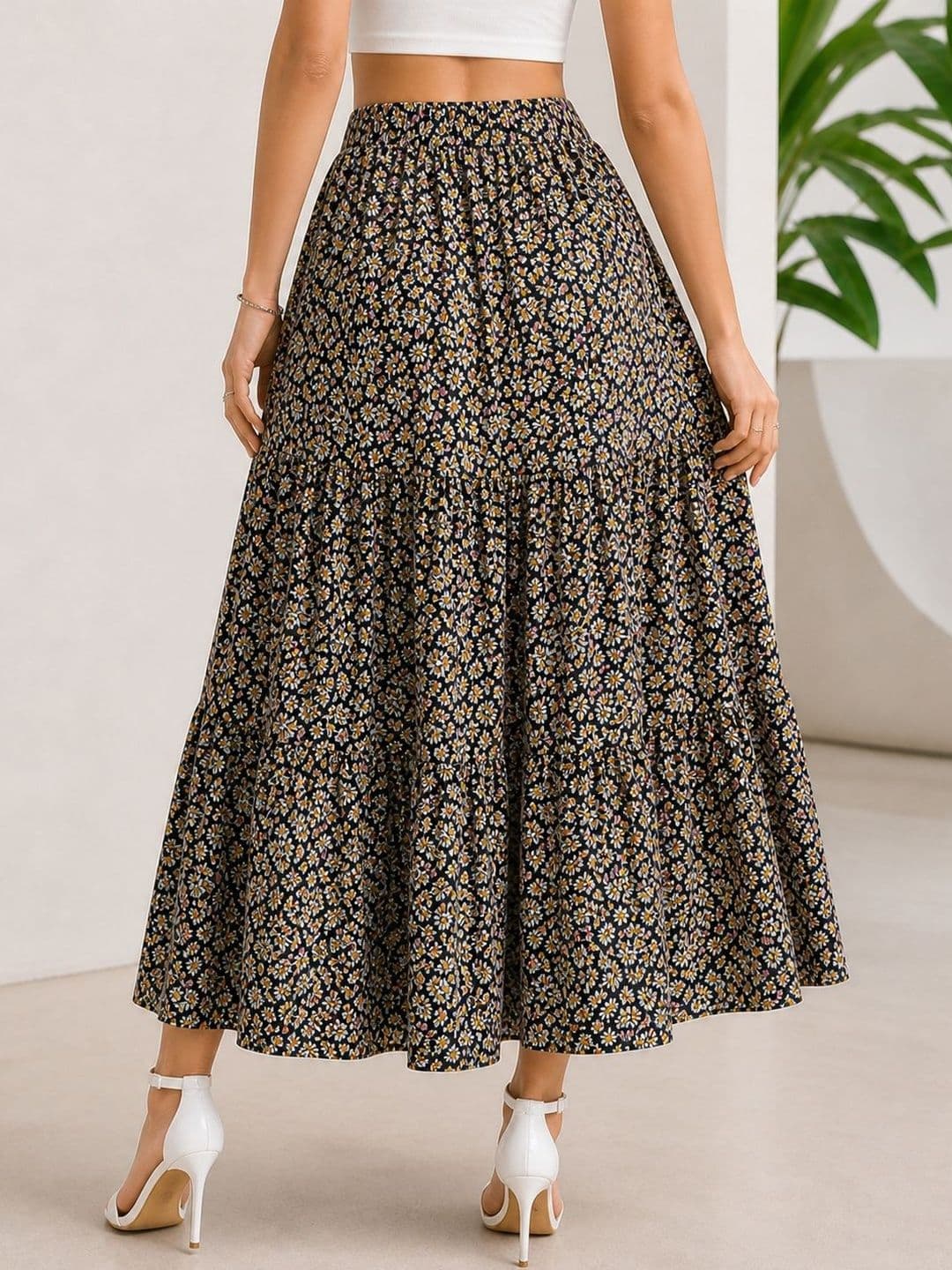 AmorLuxe Women Floral Micro or Ditsy Print Midi Tiered Skirt thumbnail 2