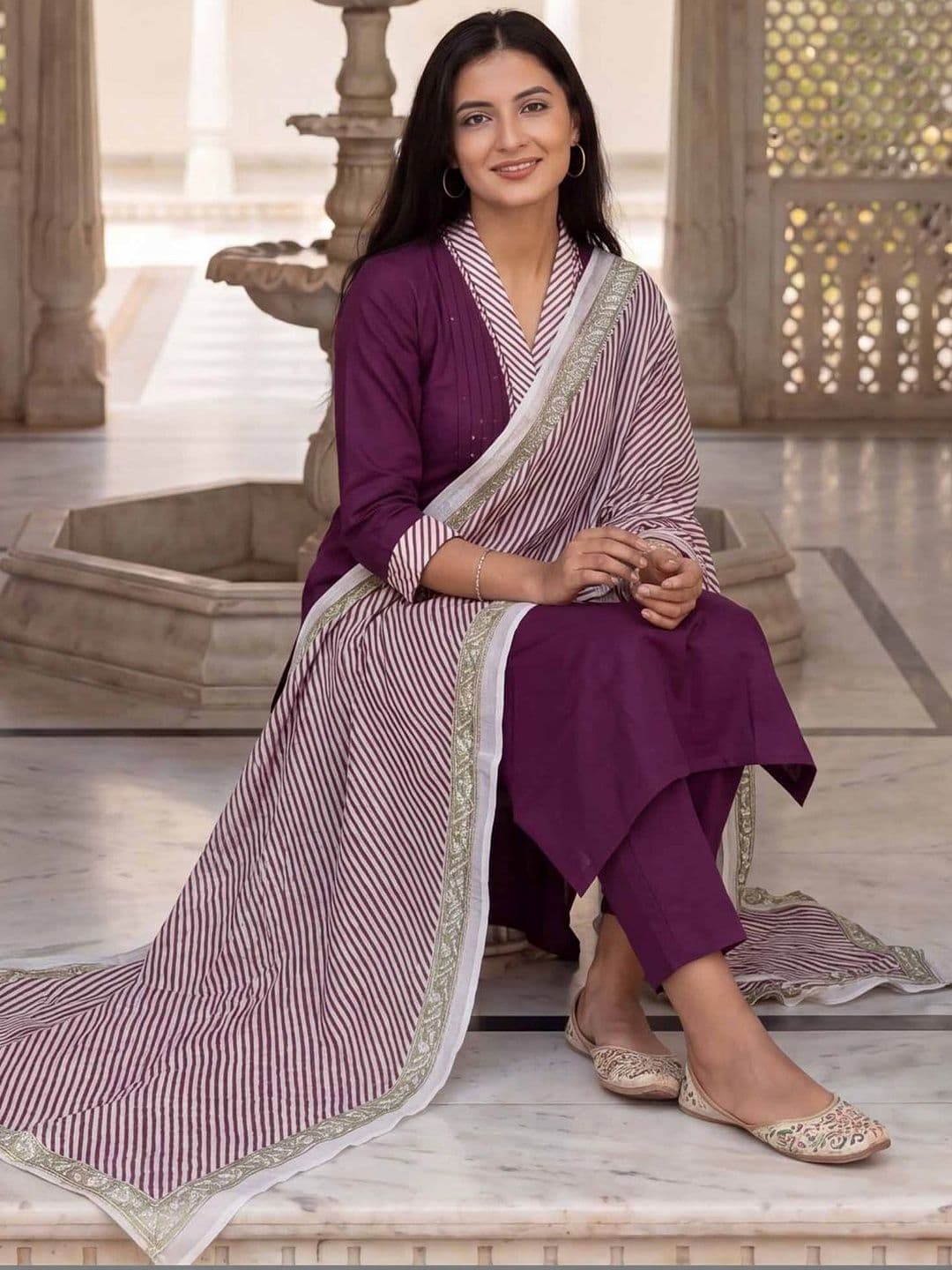 Indo Era Women Regular Thread Work Pure Cotton Kurta with Trousers & With Dupatta - view 1