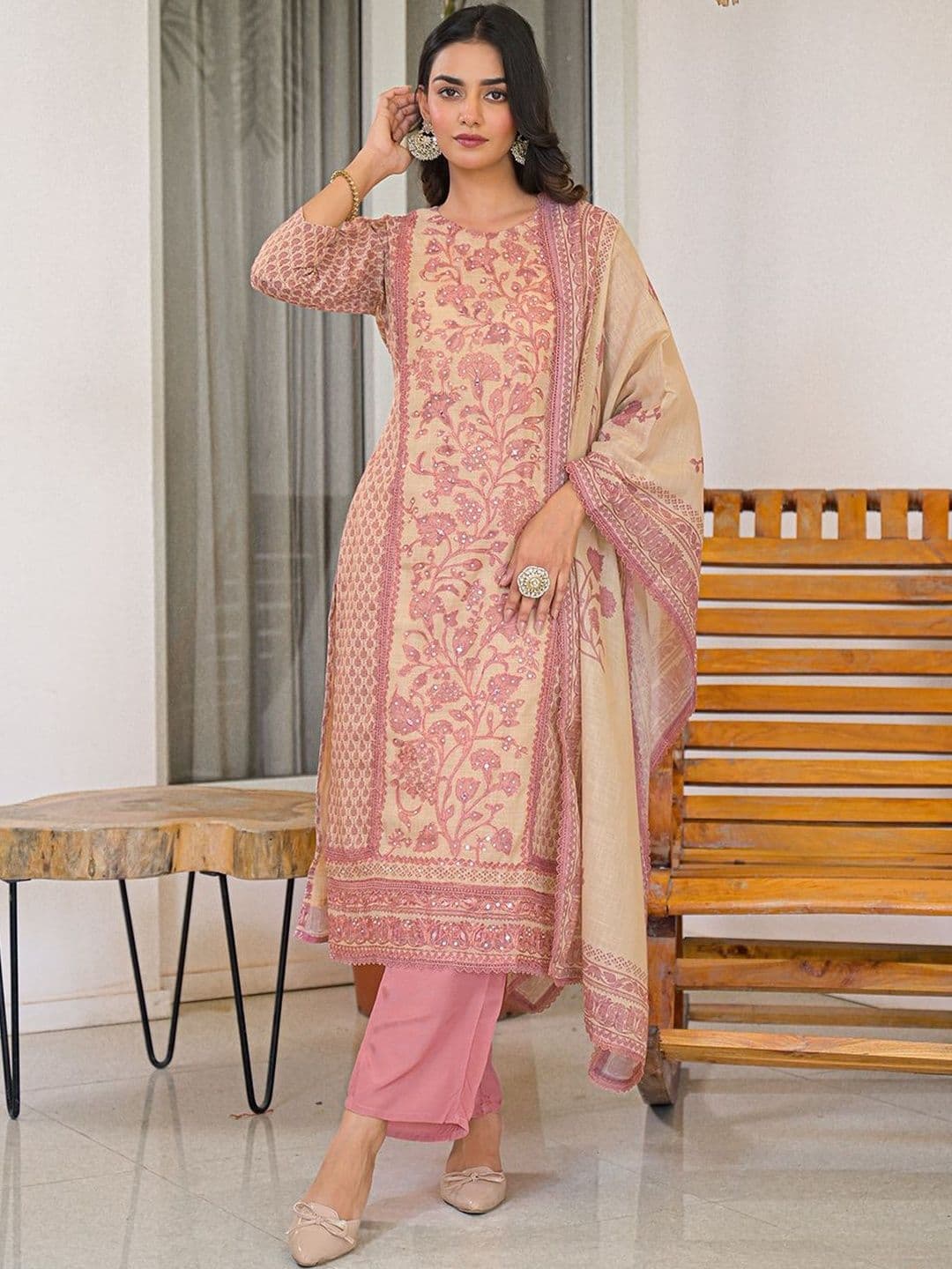 Sangria Embroidered  Round Neck Kurta & Trousers With Dupatta - view 1