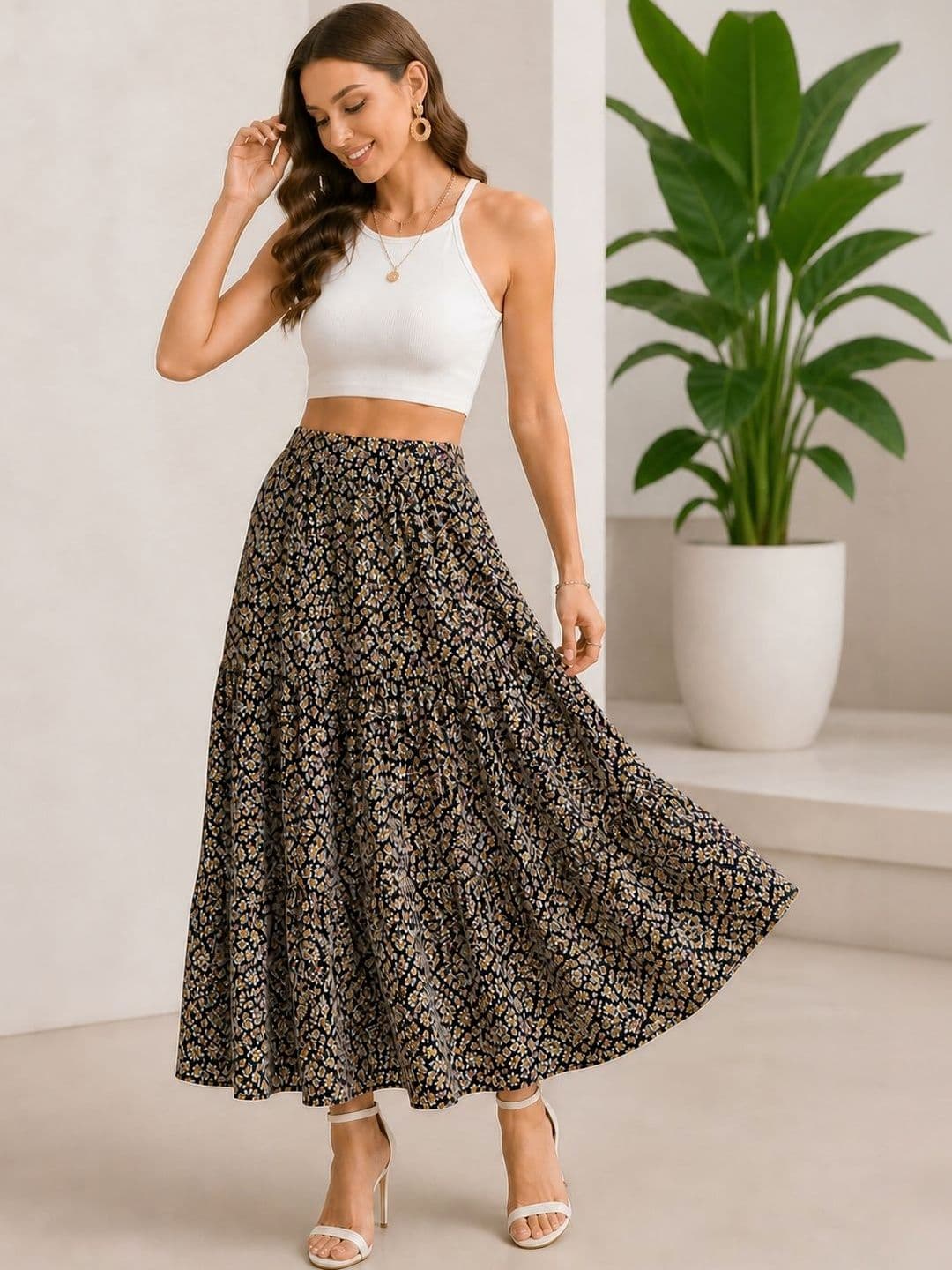 AmorLuxe Women Floral Micro or Ditsy Print Midi Tiered Skirt - view 1