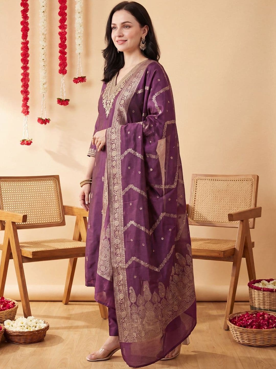 Indo Era Women Ethnic Motifs Embroidered Regular Thread Work Kurta with Trousers & With Dupatta thumbnail 5