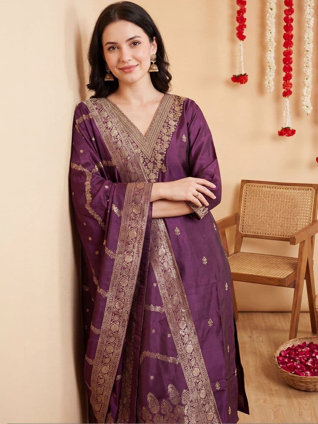 Indo Era Women Ethnic Motifs Embroidered Regular Thread Work Kurta with Trousers & With Dupatta thumbnail 6