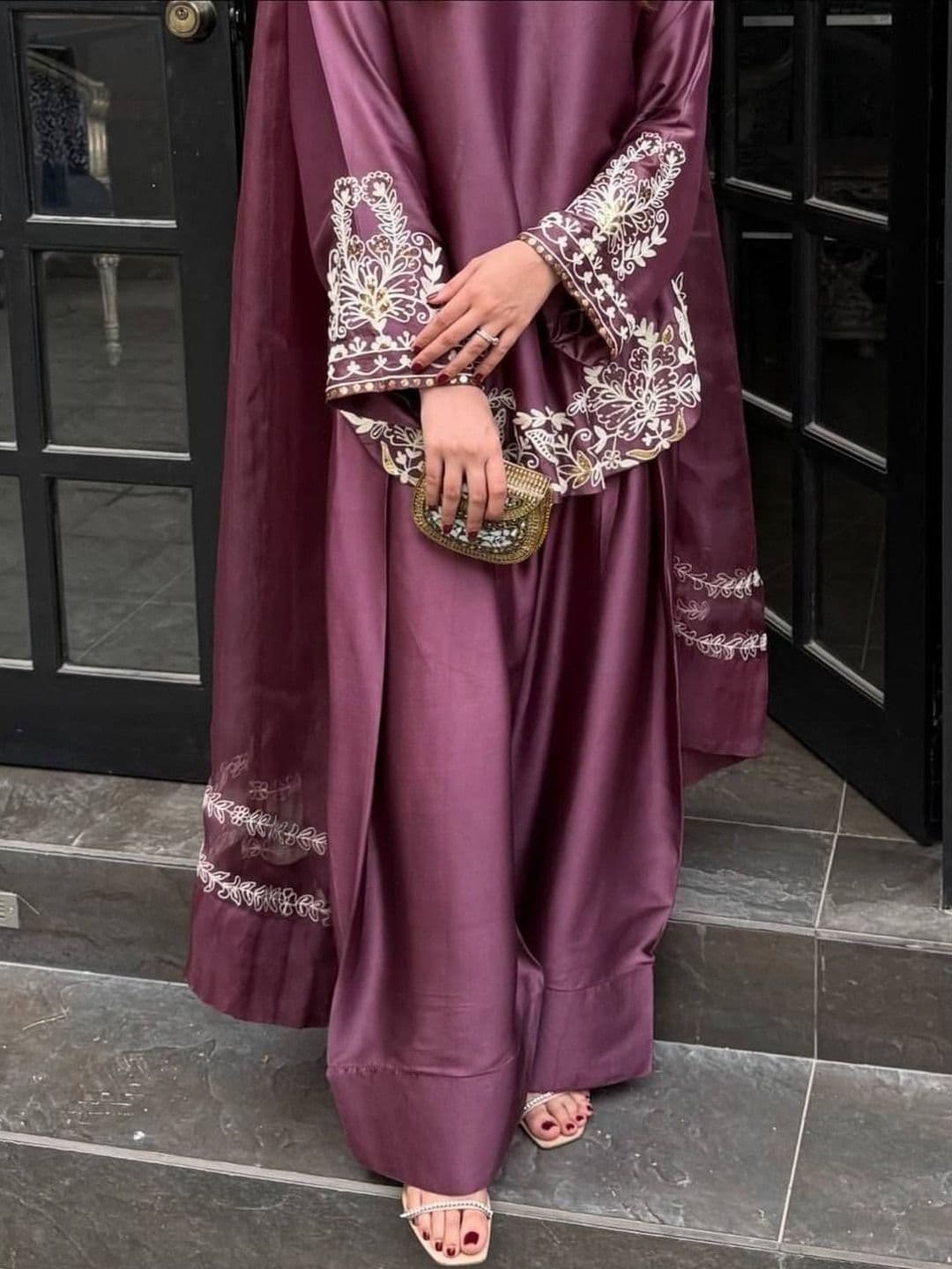 Sangria Embroidered Silk Crepe V-Neck Kurta & Palazzos With Dupatta thumbnail 7