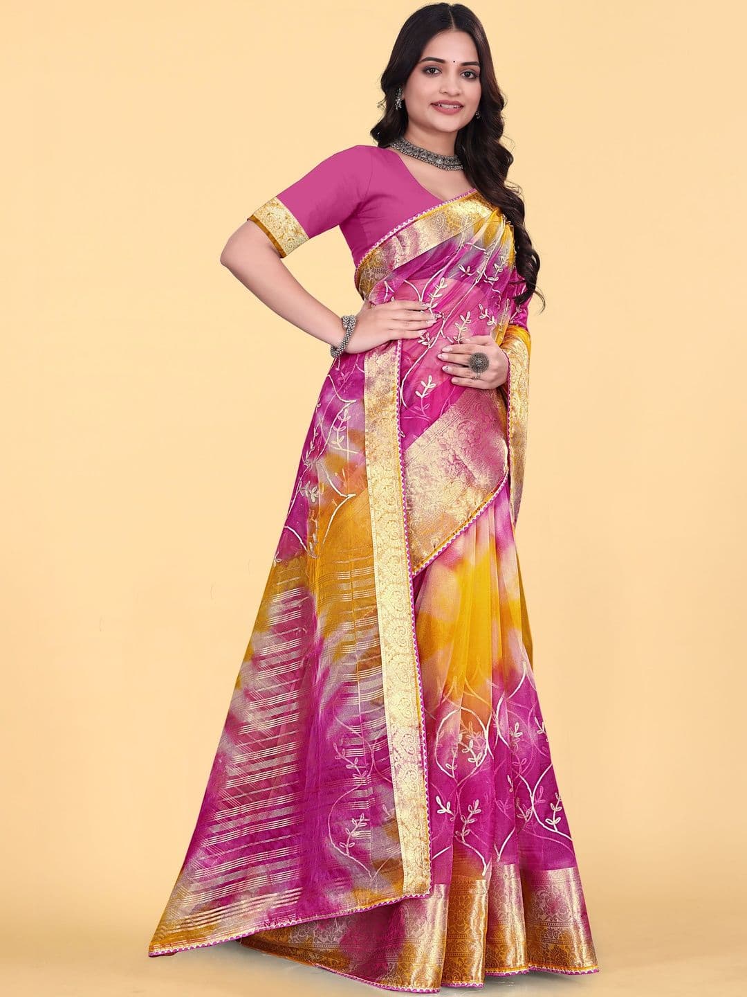 KOTHARI BS Tie and Dye Embroidered Organza Patola Saree thumbnail 4