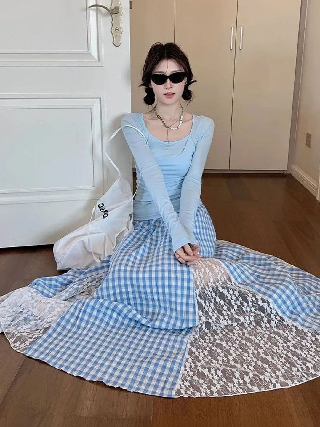 Suo Women Lace Checked Tiered Maxi A-Line Skirt thumbnail 4