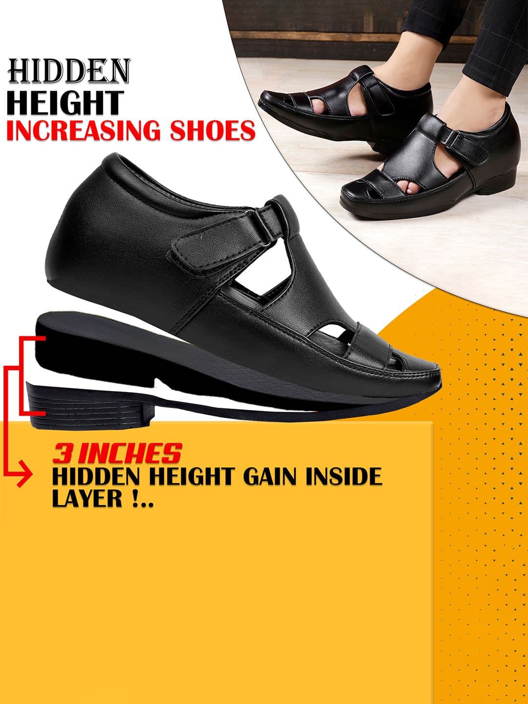 Bxxy Men Black Elevator Formal Cushion Insole Sandal thumbnail 3
