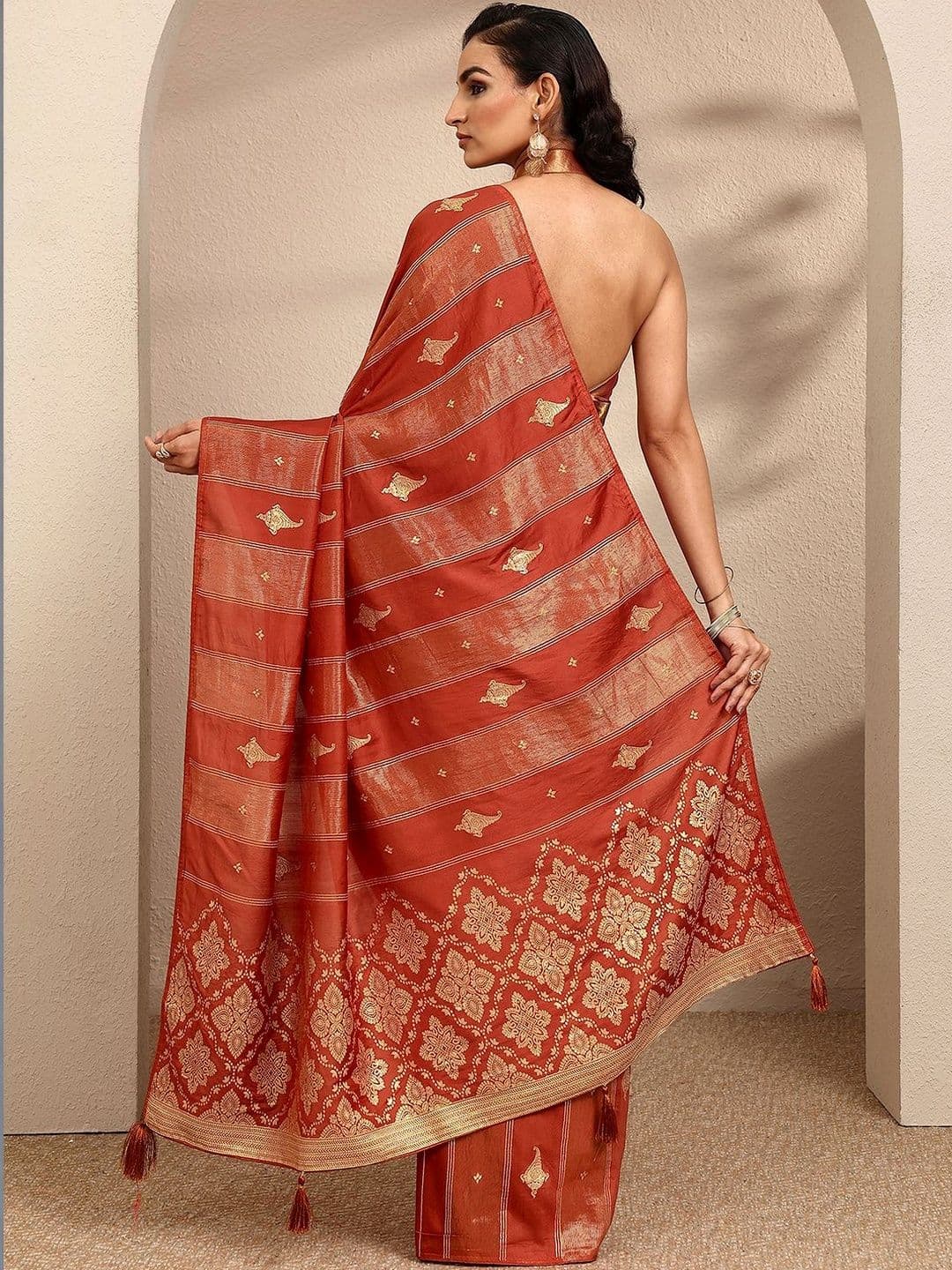 Libas Rust Woven Design Banarsi Saree With Unstitched Blouse Piece thumbnail 5