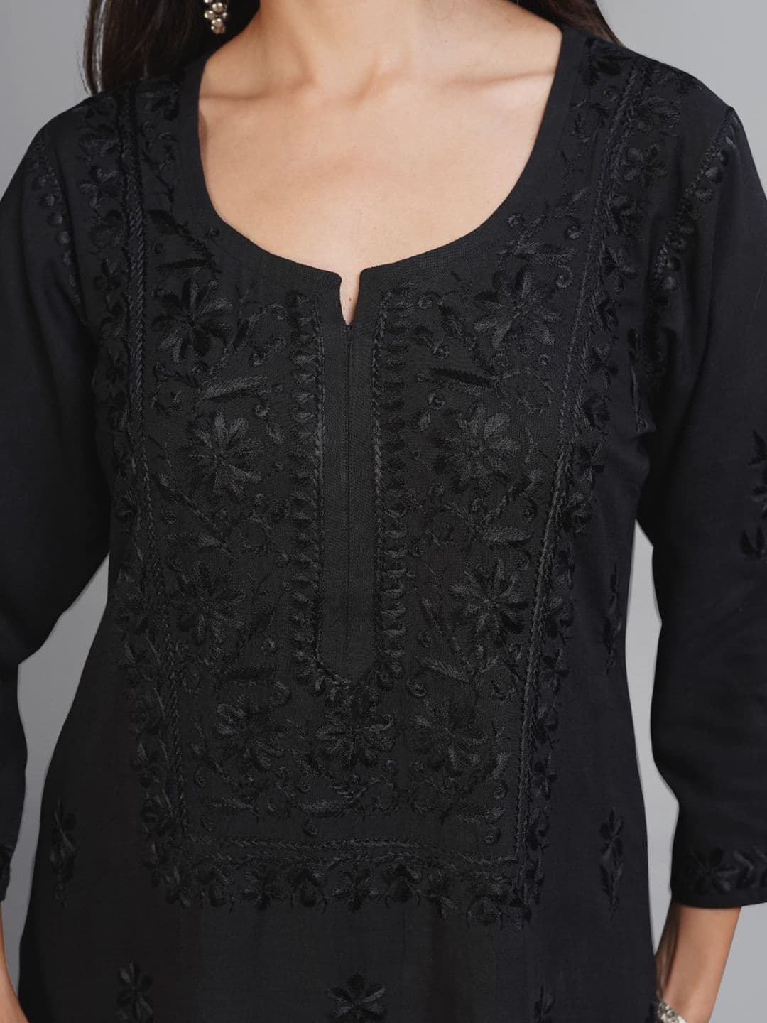 colorkosh Black Ethnic Motifs Embroidered Notch Neck Chikankari Kurta With Palazzos Set thumbnail 3