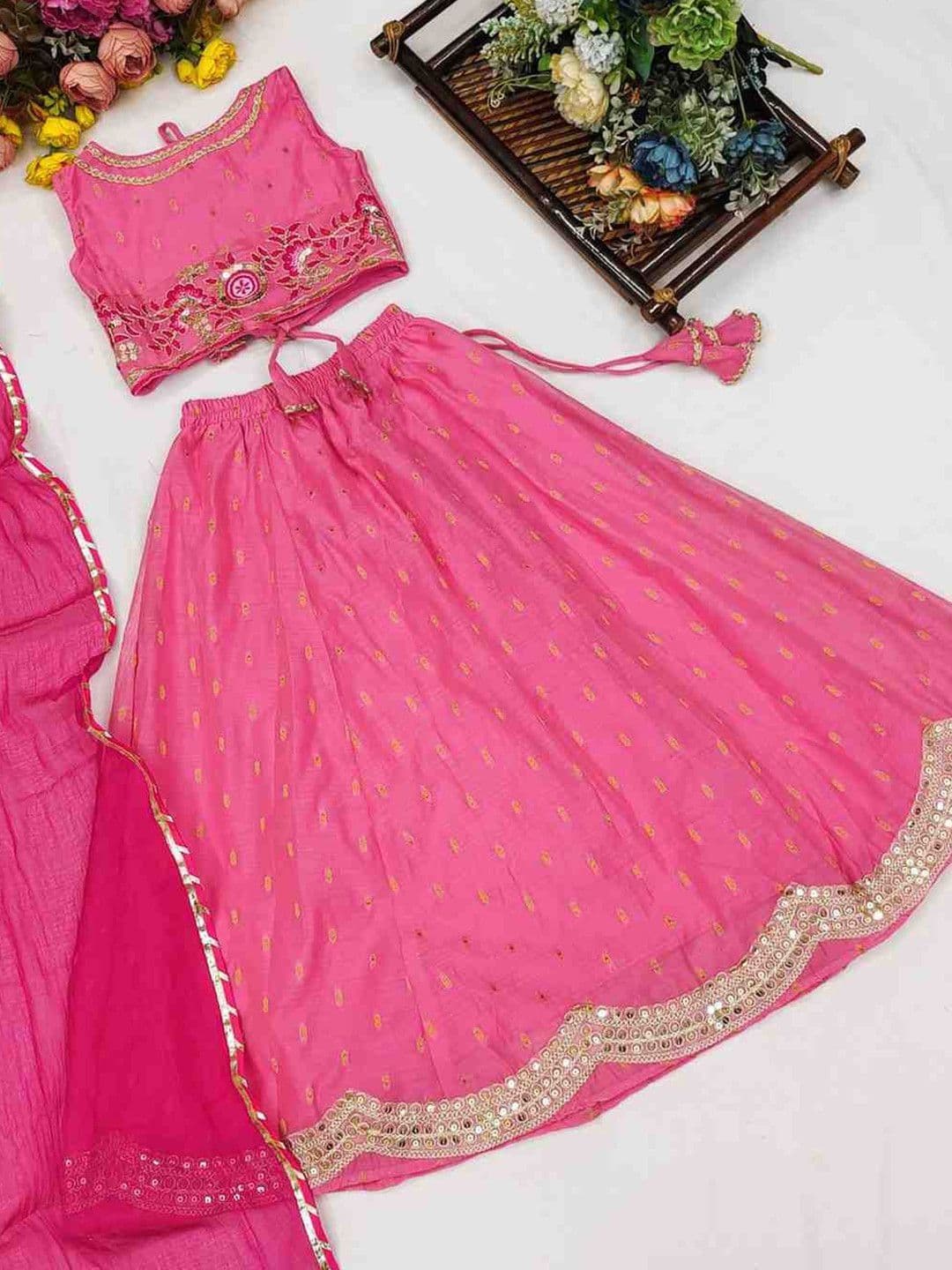 RJ ONLINE Girls Mirror Work Tie and Dye Semi-Stitched Lehenga & Blouse With Dupatta thumbnail 7
