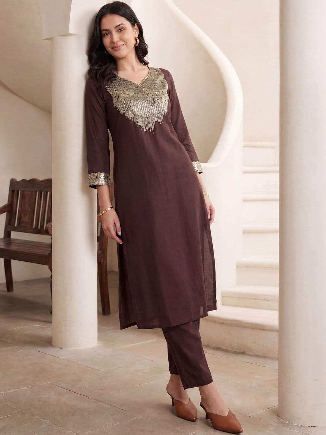 Indo Era Women Embroidered Regular Sequinned Kurta with Trousers - view 1