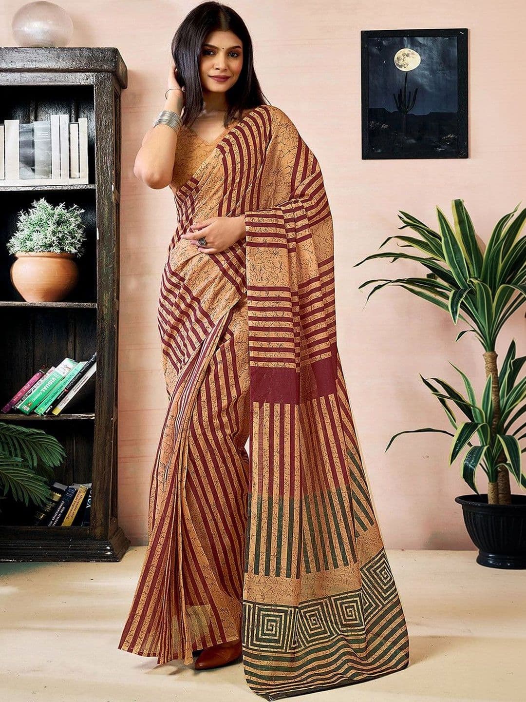 Sangria Striped Chanderi Cotton Ready to Wear Saree Blouse Piece thumbnail 7
