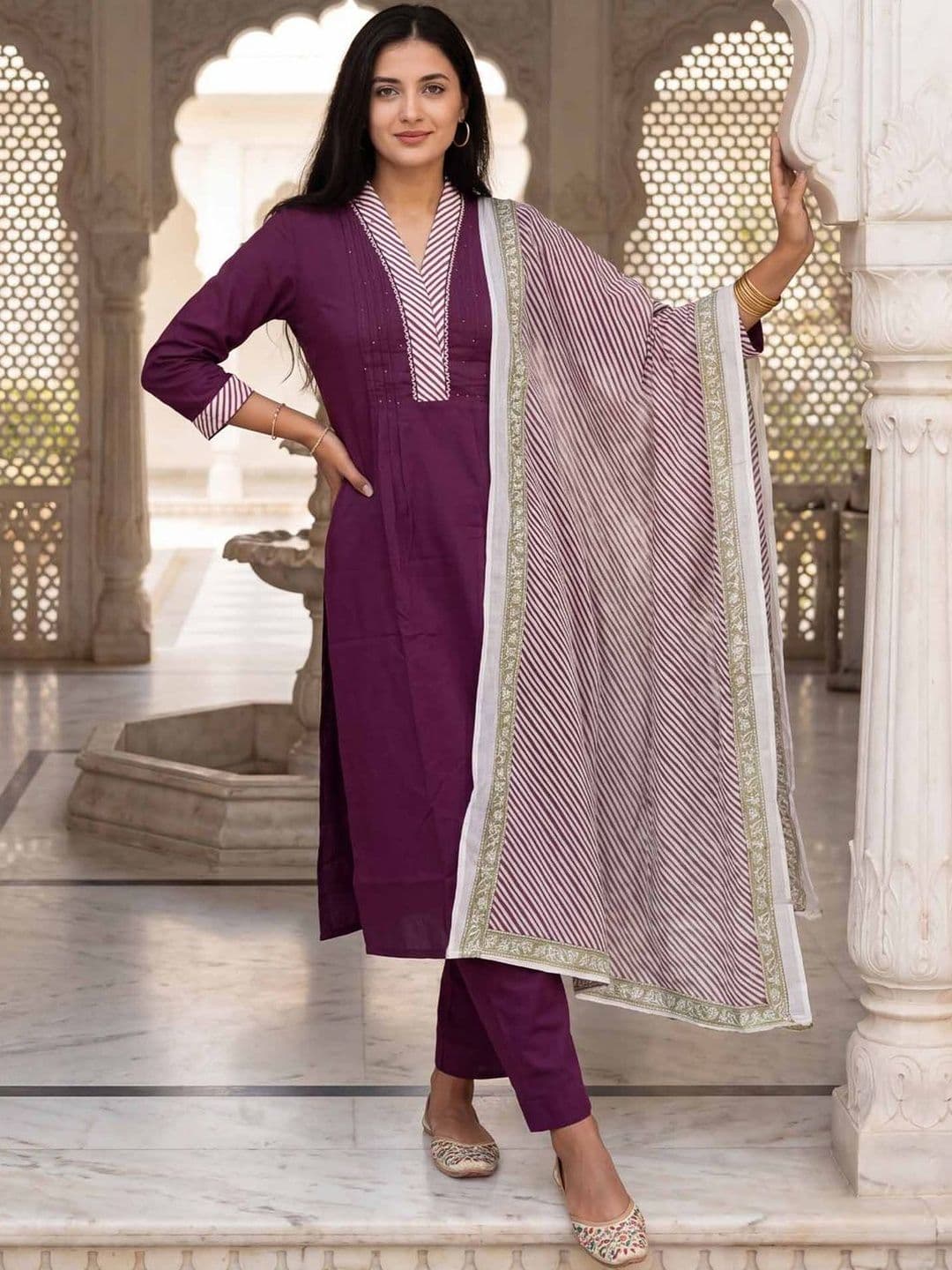 Indo Era Women Regular Thread Work Pure Cotton Kurta with Trousers & With Dupatta thumbnail 5