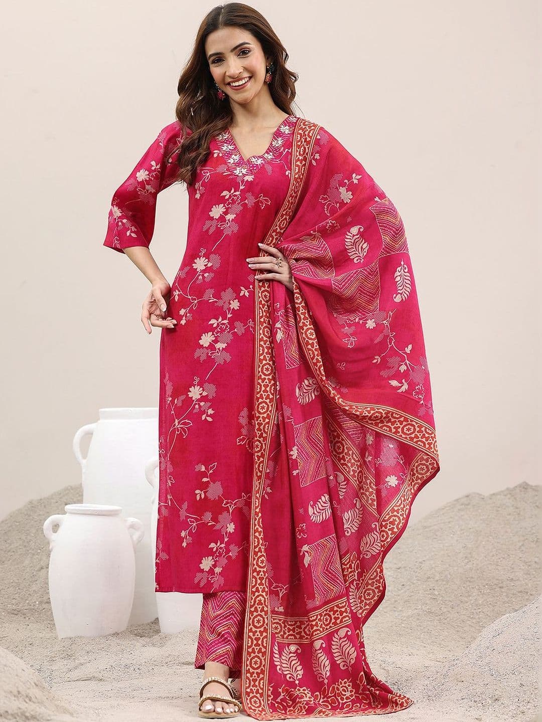 Libas Women Floral Printed Regular Thread Work Kurta with Trousers & With Dupatta - view 1
