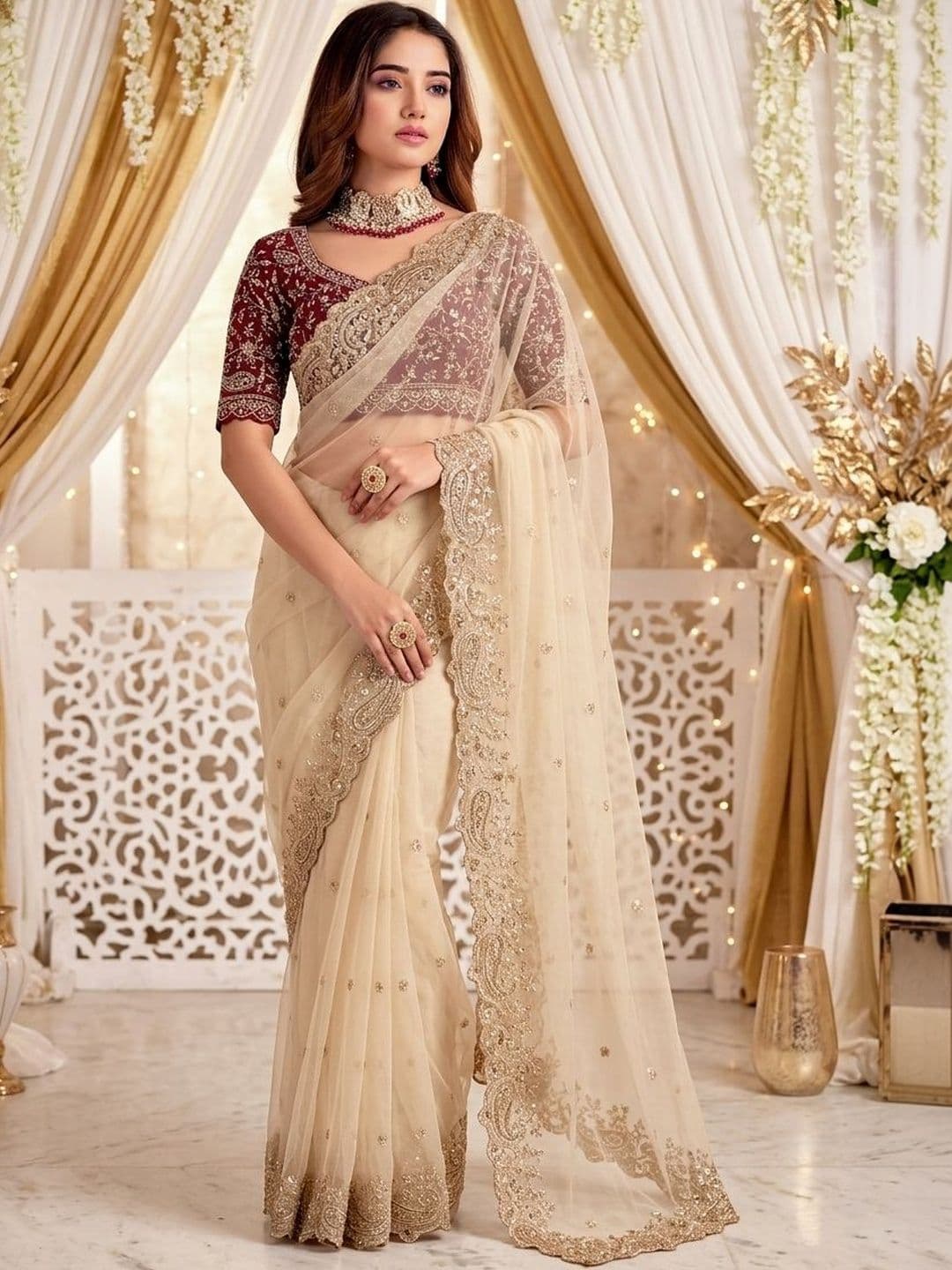 Mitera Embellished Embroidered Poly Georgette Heavy Work Saree - view 1
