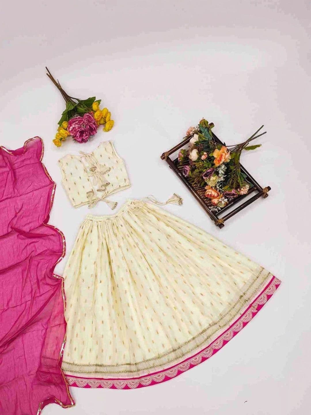 RJ ONLINE Girls Thread Work Tie and Dye Semi-Stitched Lehenga & Blouse With Dupatta thumbnail 4