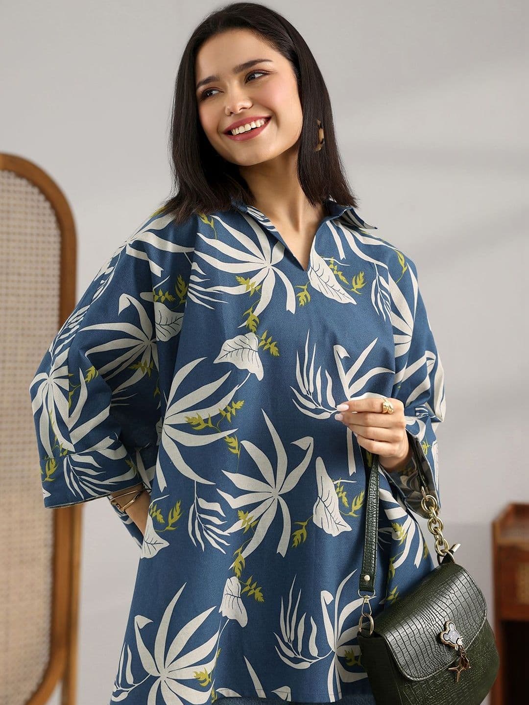 Libas Botanical Printed Shirt Collar Kurti - view 1