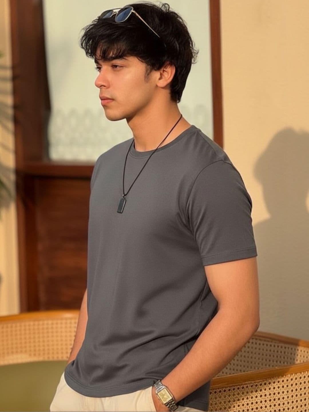 Mast & Harbour Rigo Men Dark Grey Solid Round Neck Regular Fit Cotton T-shirt thumbnail 3