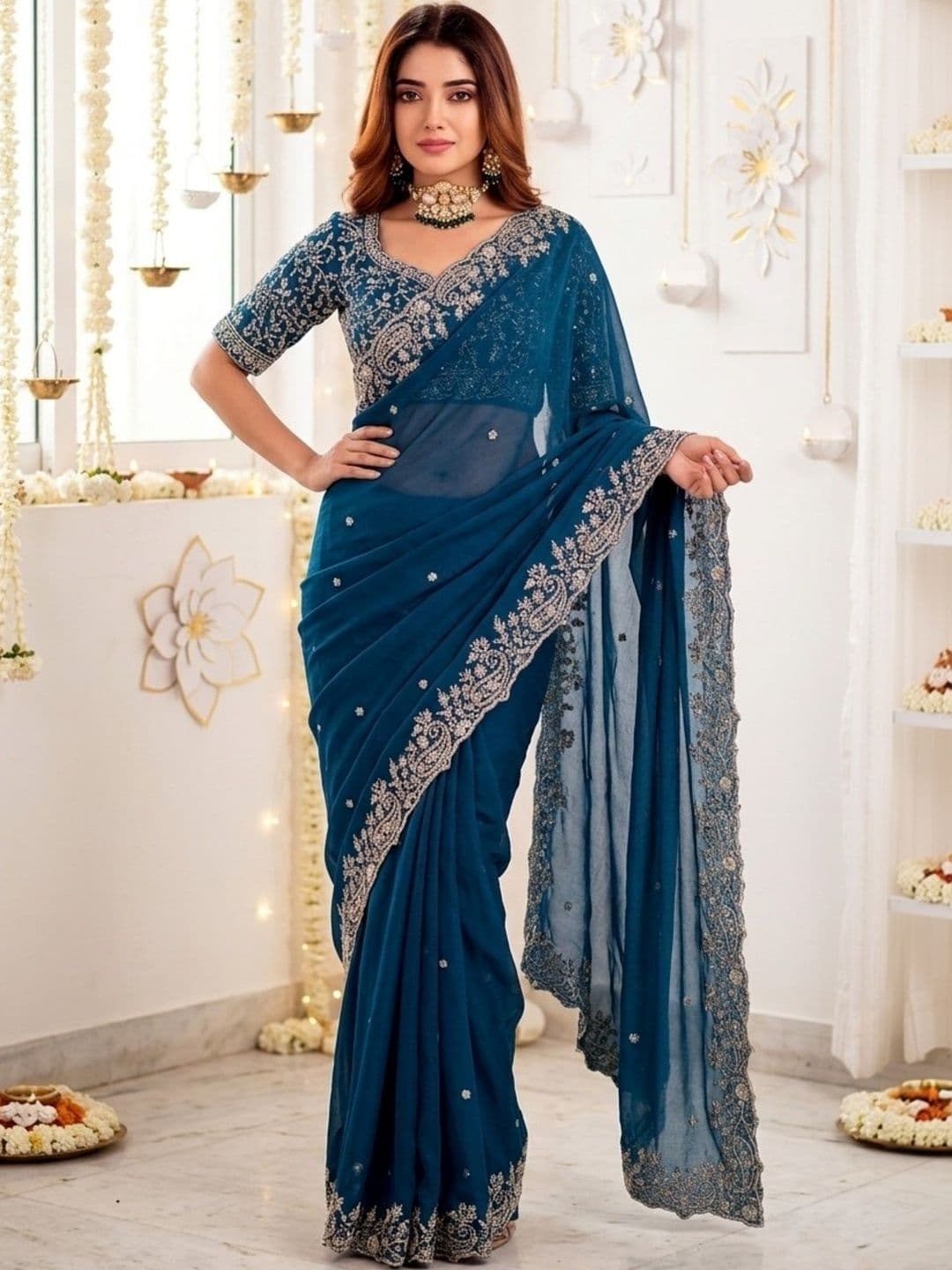 Mitera Embellished Embroidered Poly Georgette Heavy Work Saree thumbnail 5
