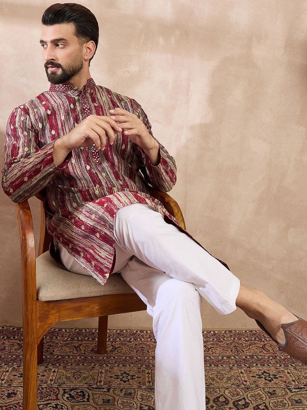 House of Pataudi Printed Mandarin Collar Knee Length Straight Kurta thumbnail 5