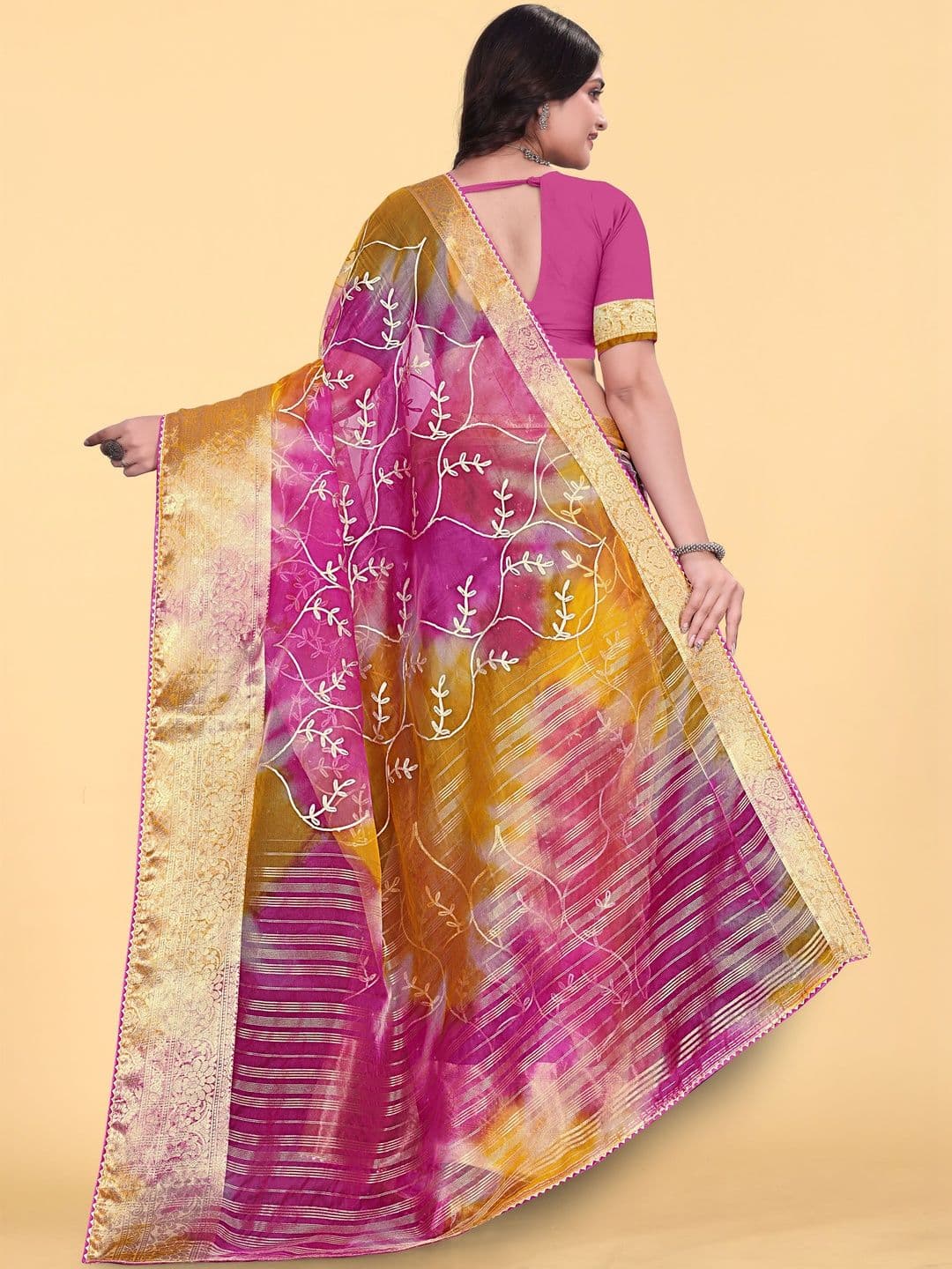 KOTHARI BS Tie and Dye Embroidered Organza Patola Saree thumbnail 3