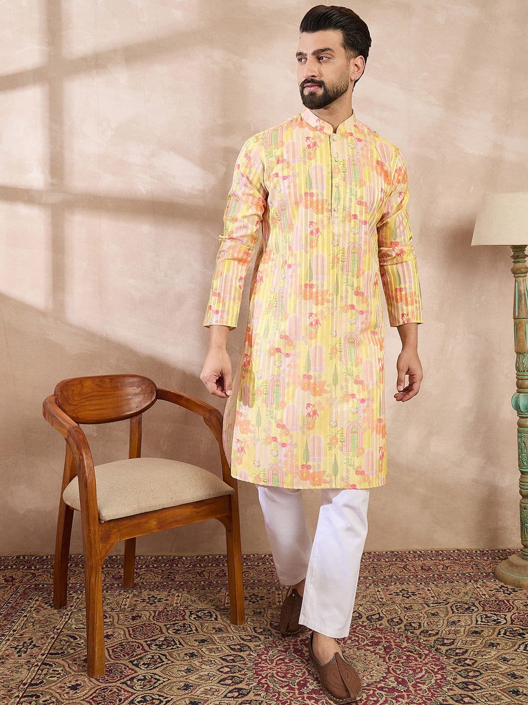 House of Pataudi Printed Mandarin Collar Knee Length Straight Kurta thumbnail 4