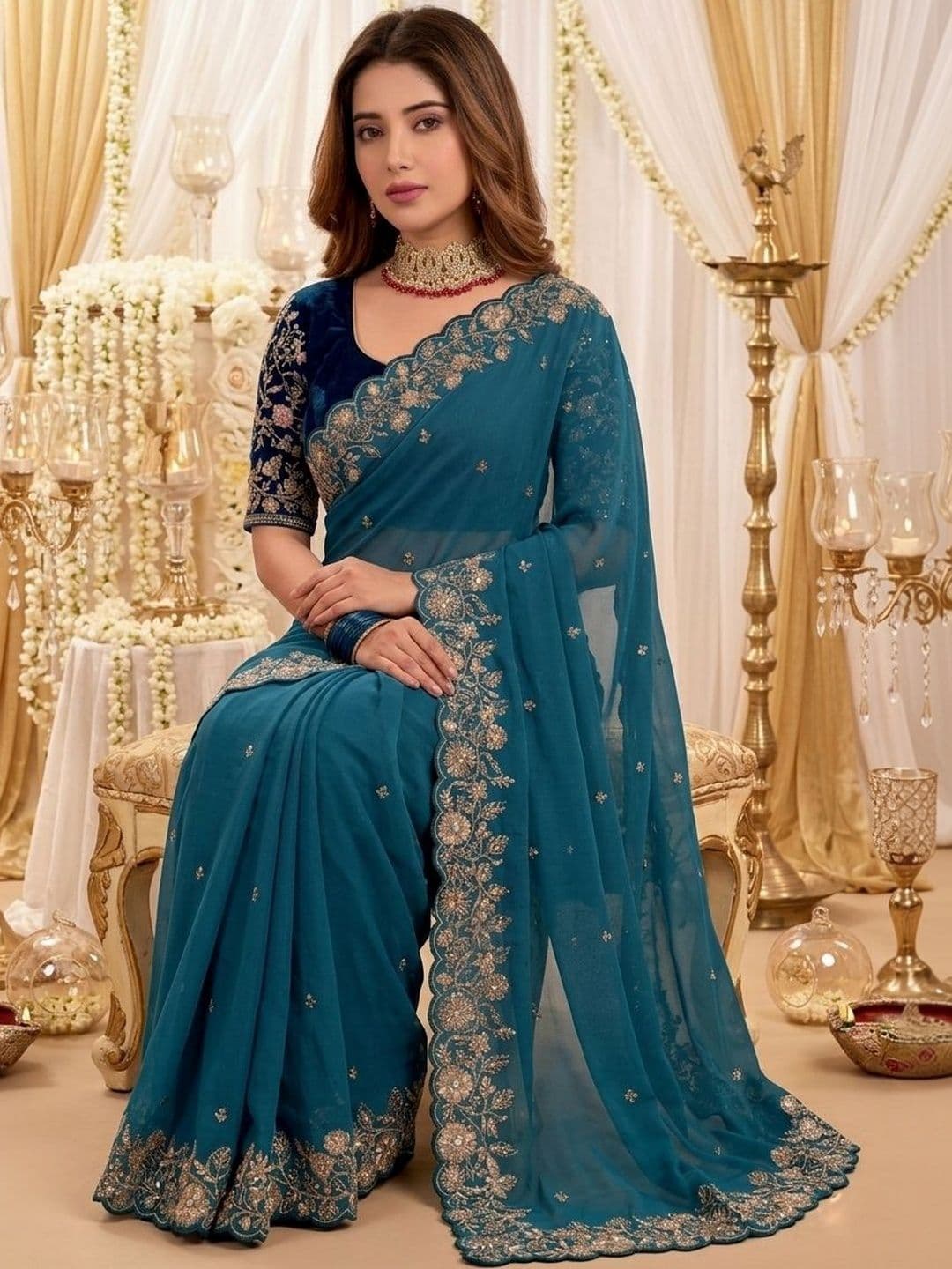 Mitera Ethnic Motifs Embroidered Poly Georgette Heavy Work Saree thumbnail 2