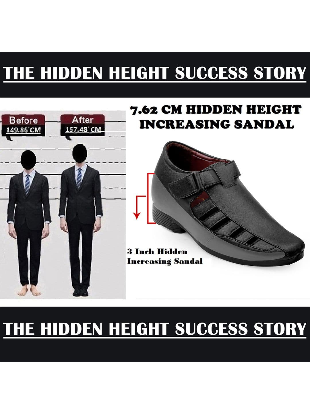Bxxy Men Black Solid Invisible Height Increasing 3 Inch Semi-Formal Sandals thumbnail 3
