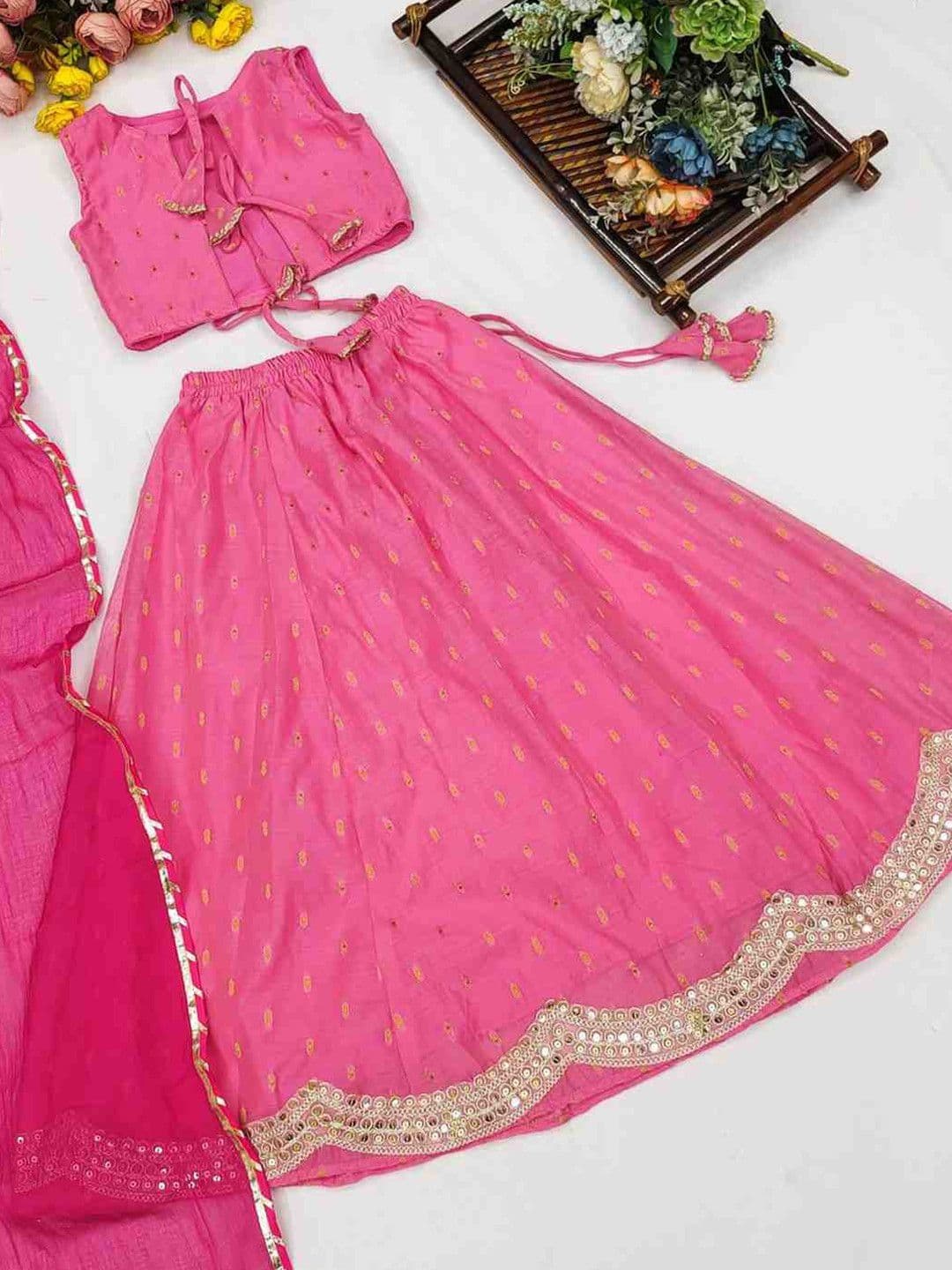 RJ ONLINE Girls Mirror Work Tie and Dye Semi-Stitched Lehenga & Blouse With Dupatta thumbnail 3