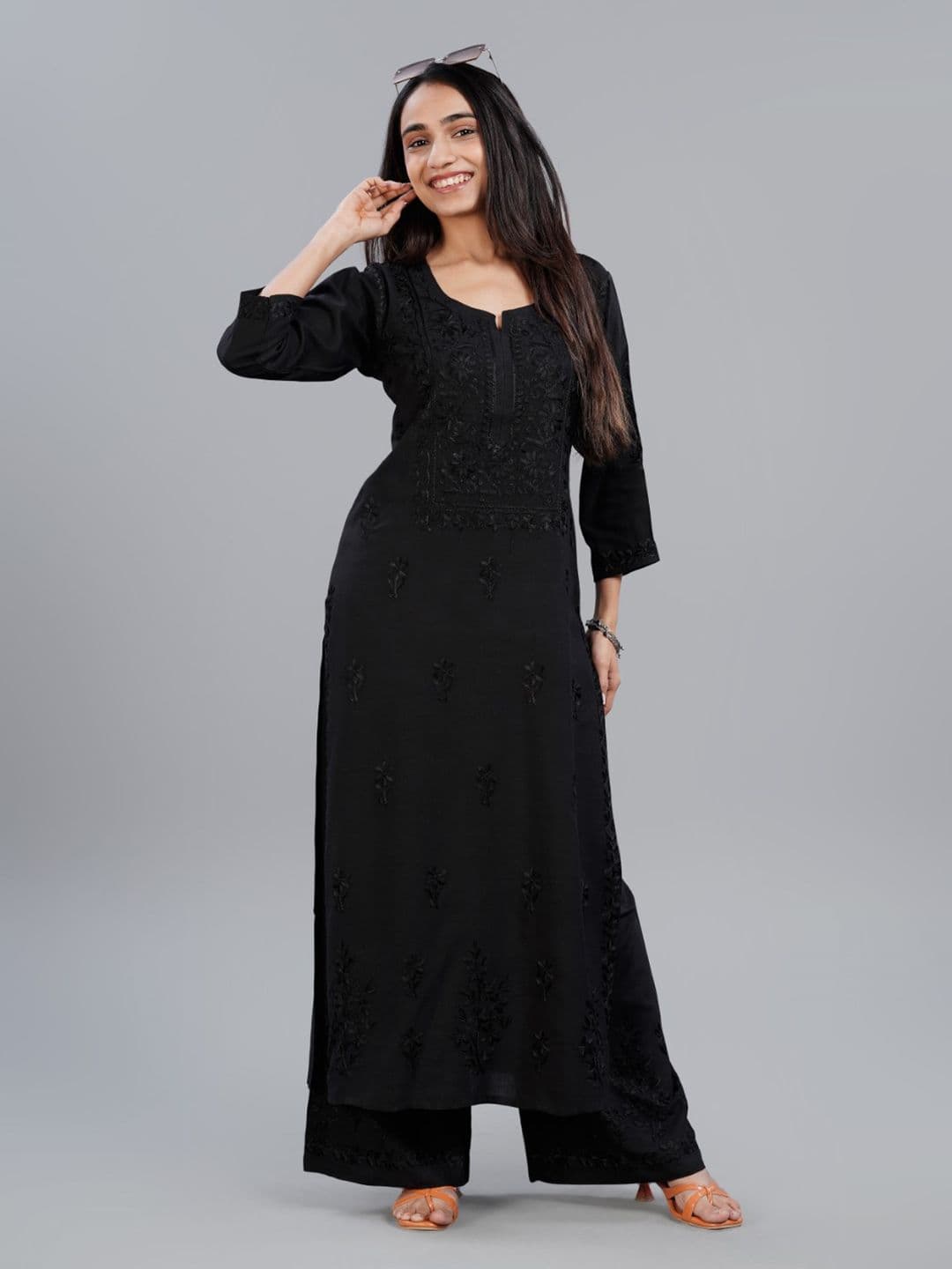 colorkosh Black Ethnic Motifs Embroidered Notch Neck Chikankari Kurta With Palazzos Set thumbnail 2