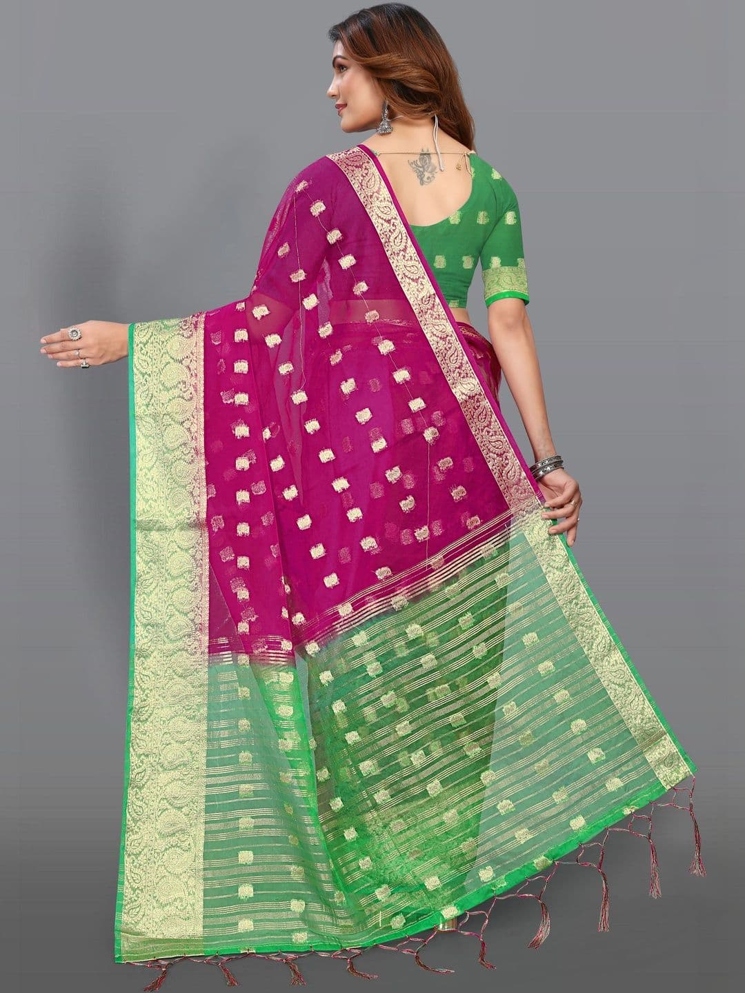 KOTHARI LGF Woven Design Zari Organza Heavy Work Bandhani Saree thumbnail 2