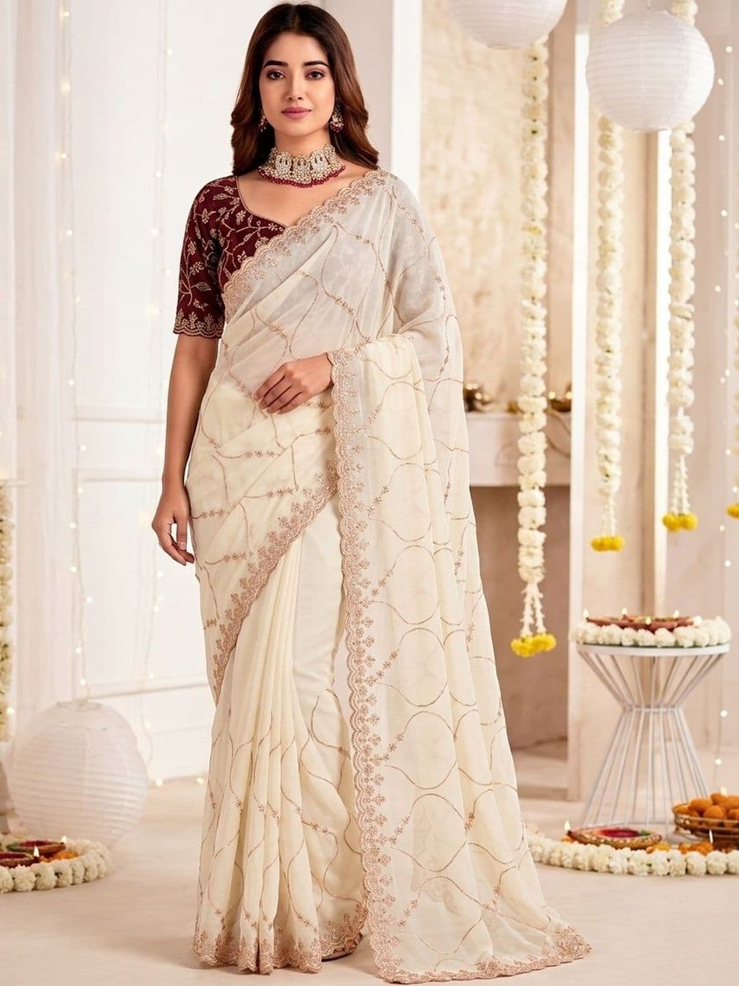 Mitera Ethnic Motifs Embroidered Poly Georgette Heavy Work Saree - view 1