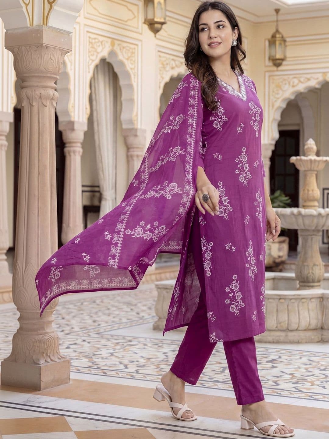 Indo Era Women Floral Printed Regular Sequinned Pure Cotton Kurta with Trousers & With Dupatta thumbnail 5