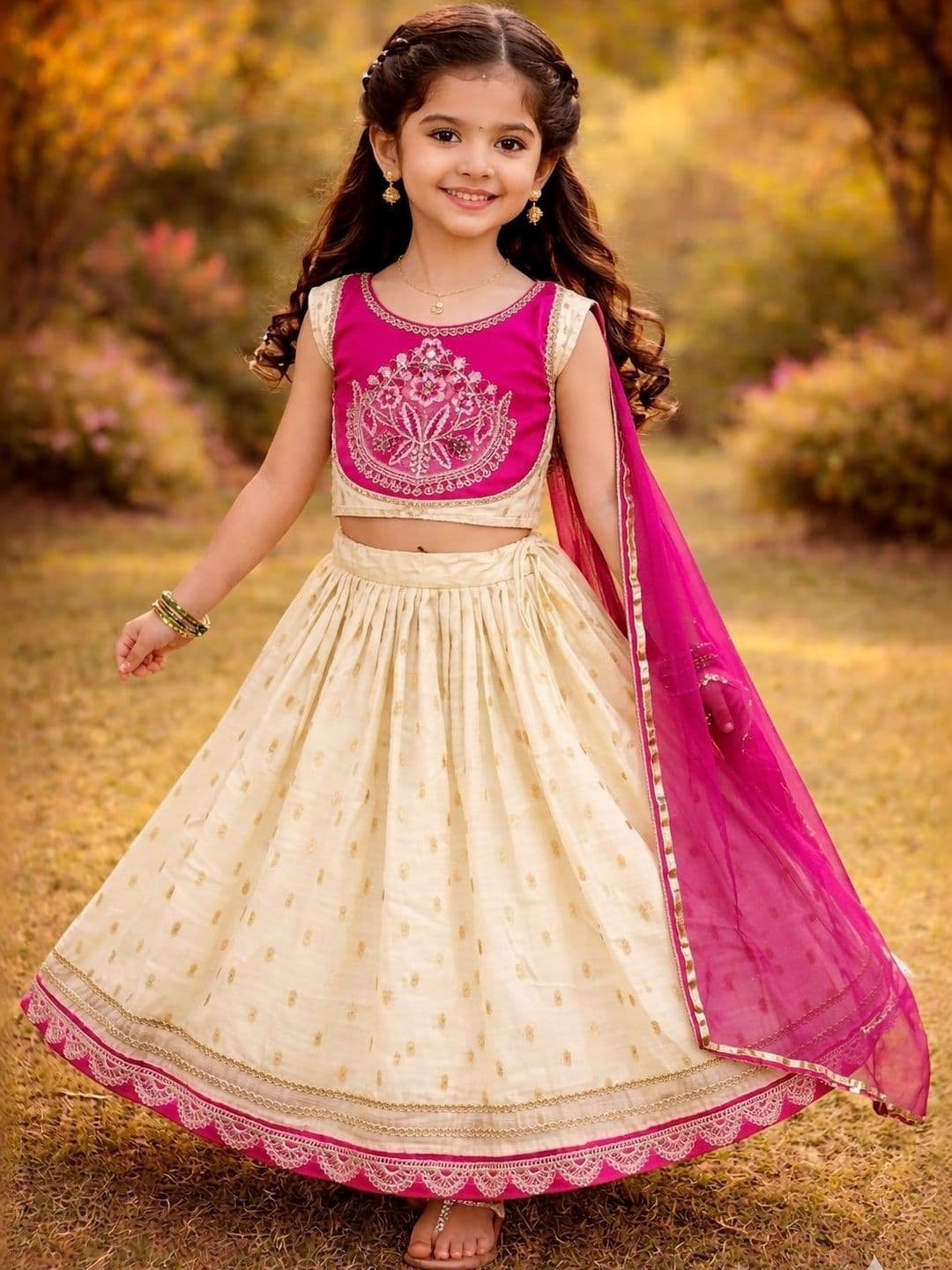 RJ ONLINE Girls Thread Work Tie and Dye Semi-Stitched Lehenga & Blouse With Dupatta - view 1