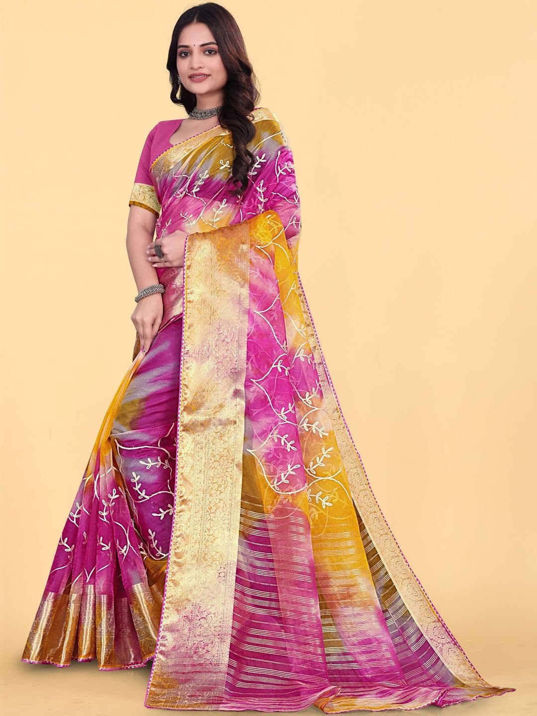 KOTHARI BS Tie and Dye Embroidered Organza Patola Saree thumbnail 7