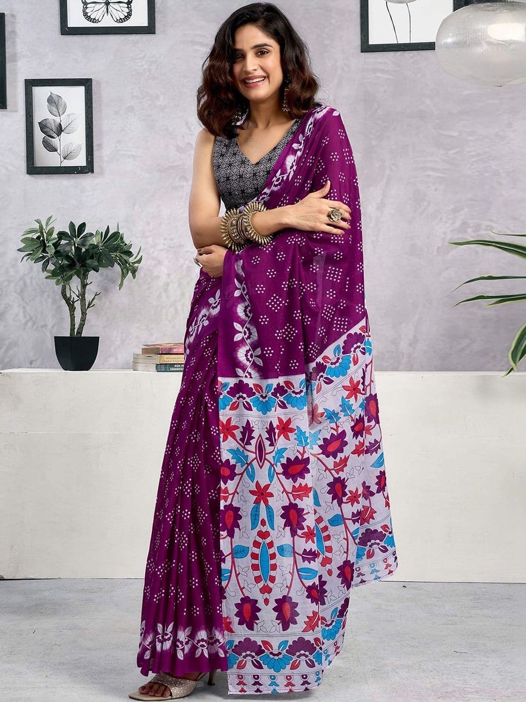 Sangria Pure Cotton Printed Block Print Ready to Wear Saree With Blouse Piece - view 1
