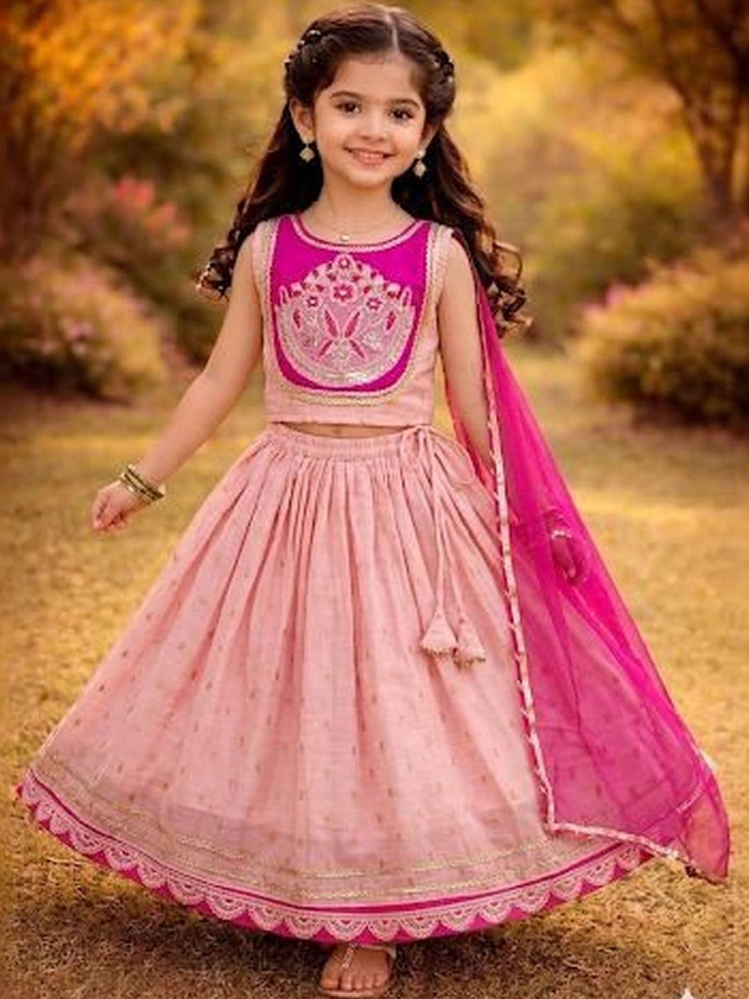 RJ ONLINE Girls Thread Work Tie and Dye Semi-Stitched Lehenga & Blouse With Dupatta - view 1