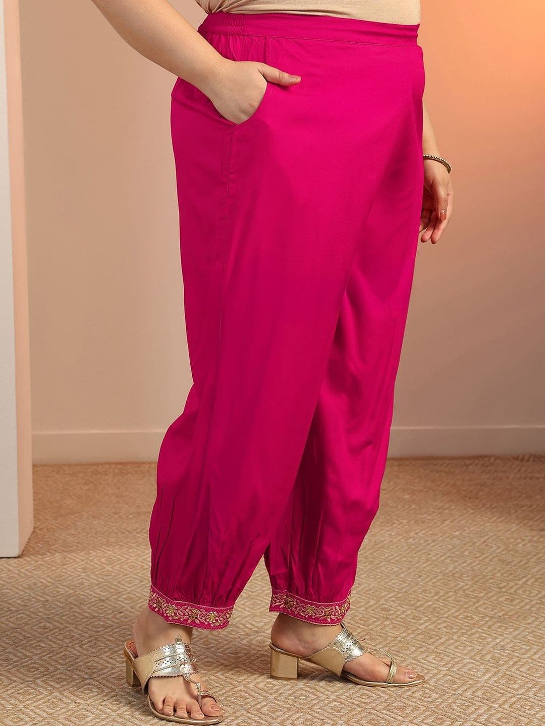 EXTRA LOVE BY LIBAS Plus Size Pink Embroidered Viscose Straight Suit Set With Dupatta thumbnail 4