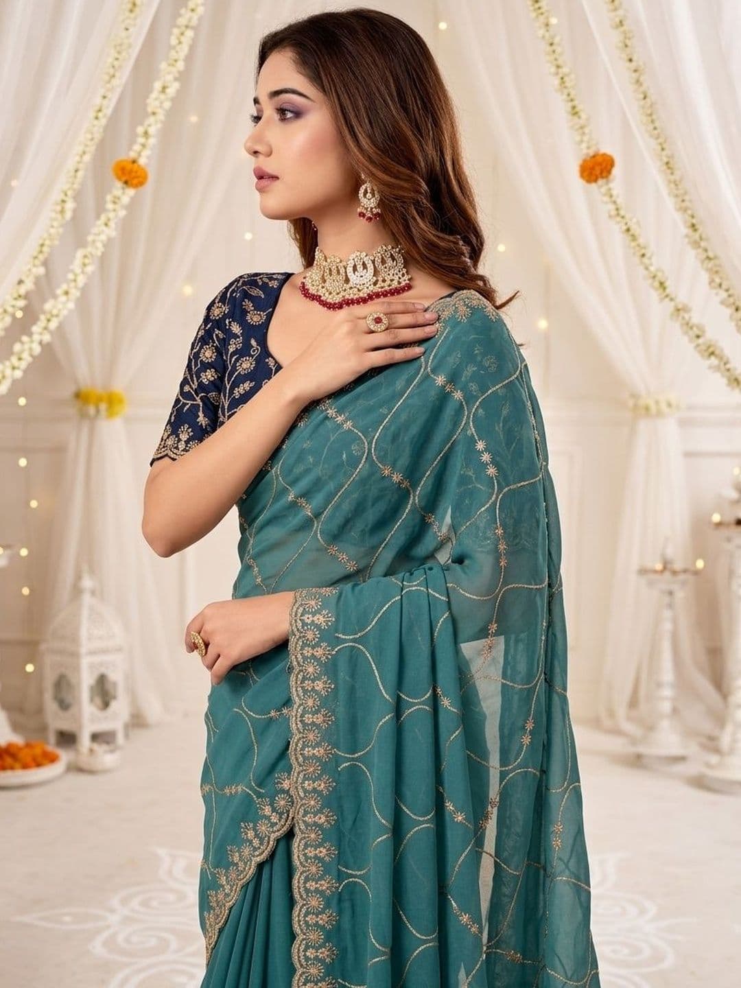 Mitera Embellished Embroidered Poly Georgette Designer Saree thumbnail 3