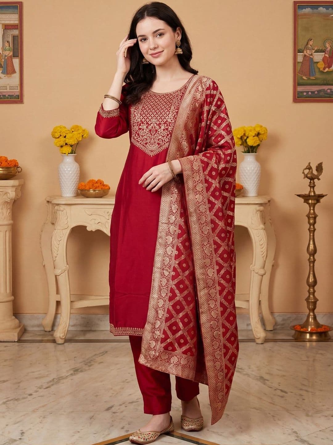 Indo Era Women Ethnic Motifs Embroidered Regular Thread Work Kurta with Trousers & With Dupatta thumbnail 6