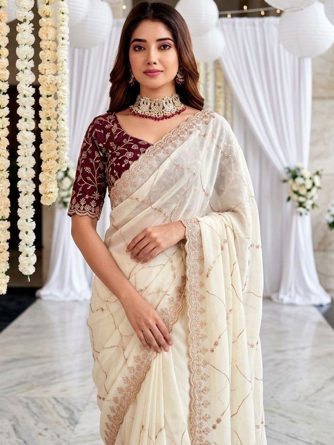 Mitera Ethnic Motifs Embroidered Poly Georgette Heavy Work Saree thumbnail 4